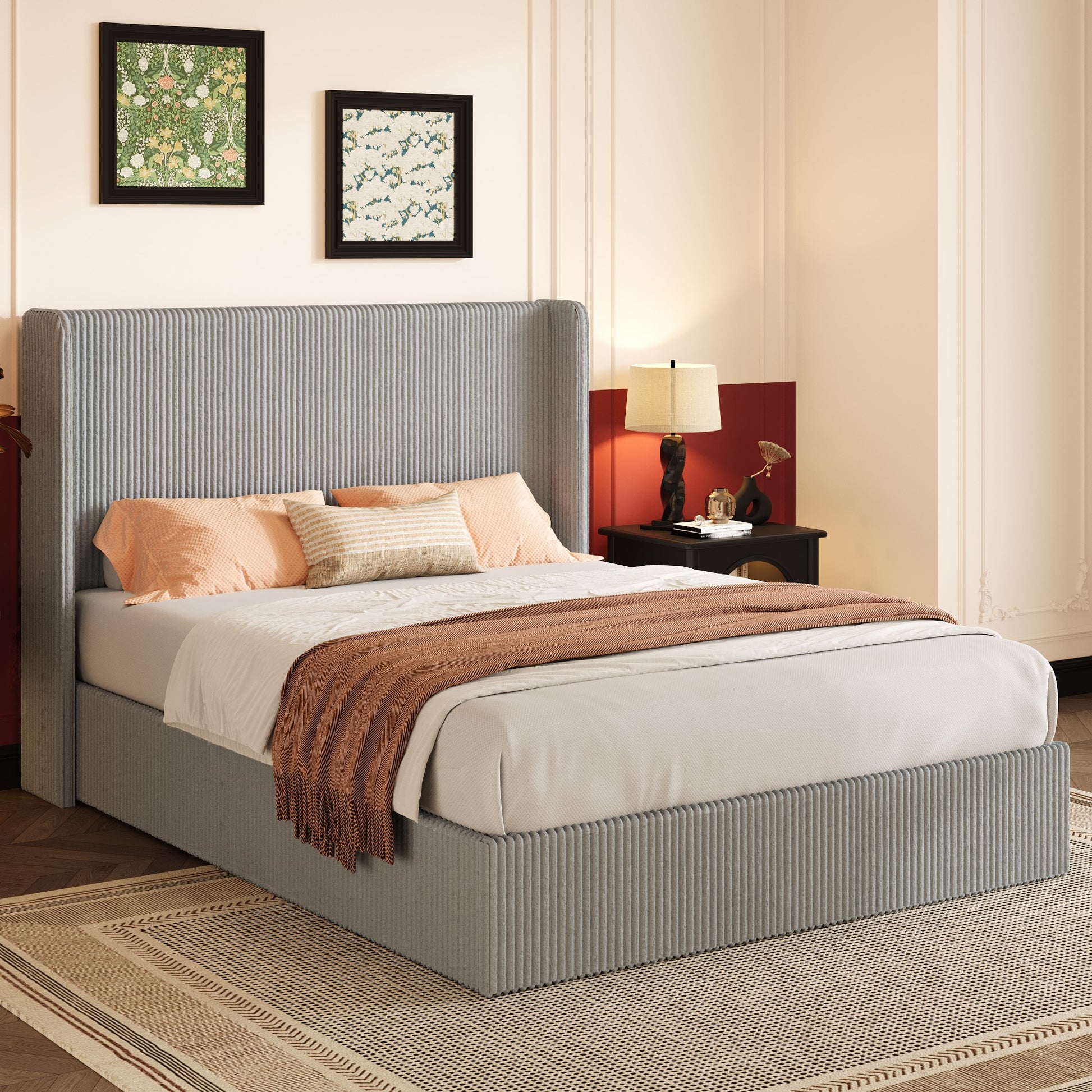 Einfach Hydraulic Lift Up Storage Bed Frame, Corduroy Upholstered Wingback Headboard, Ample Under-bed Storage