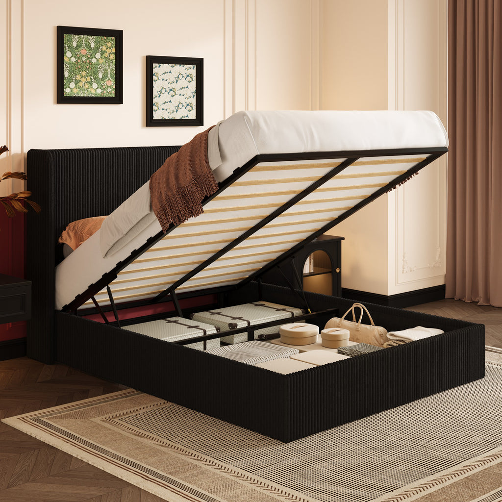 Einfach Hydraulic Lift Up Storage Bed Frame, Corduroy Upholstered Wingback Headboard, Ample Under-bed Storage
