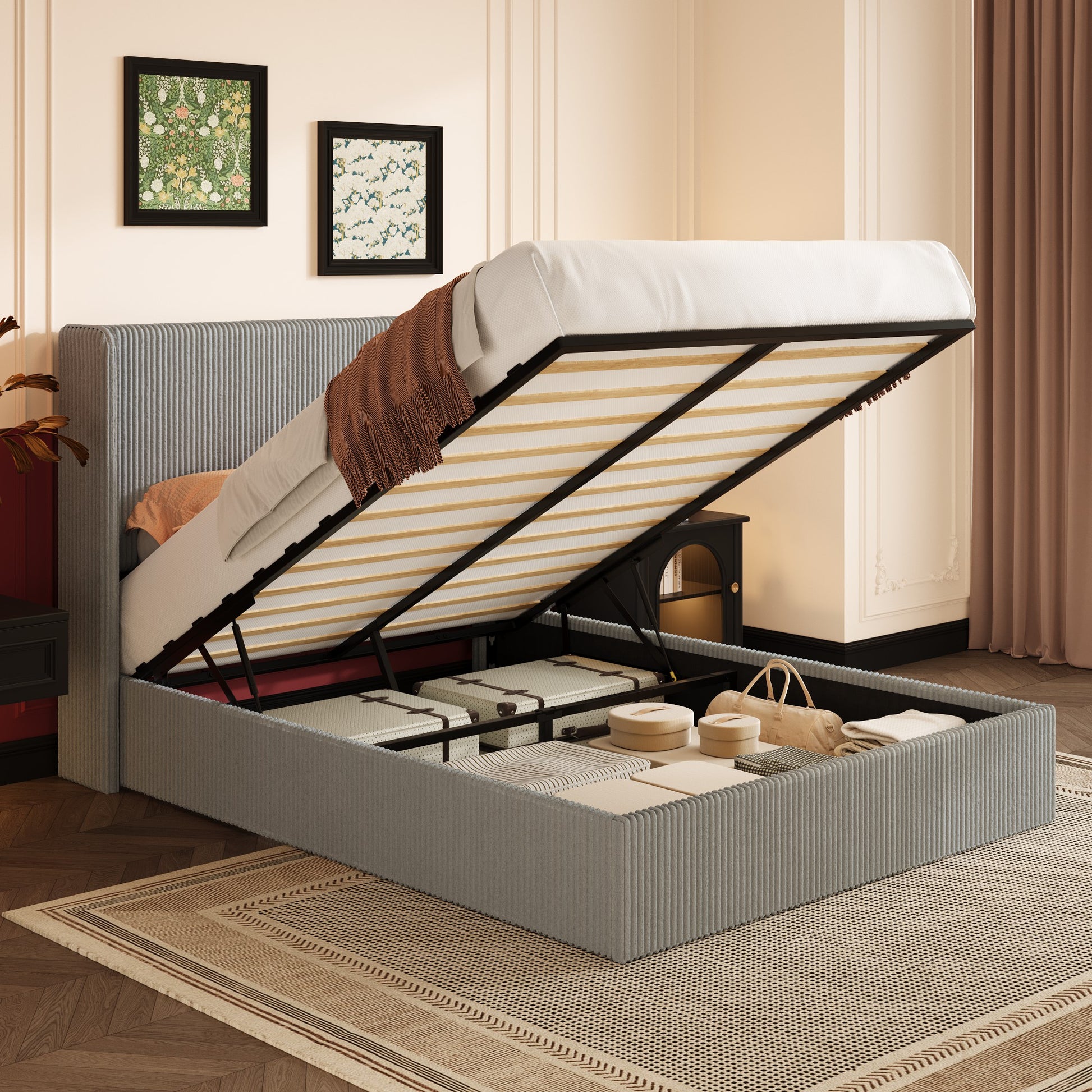 Einfach Hydraulic Lift Up Storage Bed Frame, Corduroy Upholstered Wingback Headboard, Ample Under-bed Storage