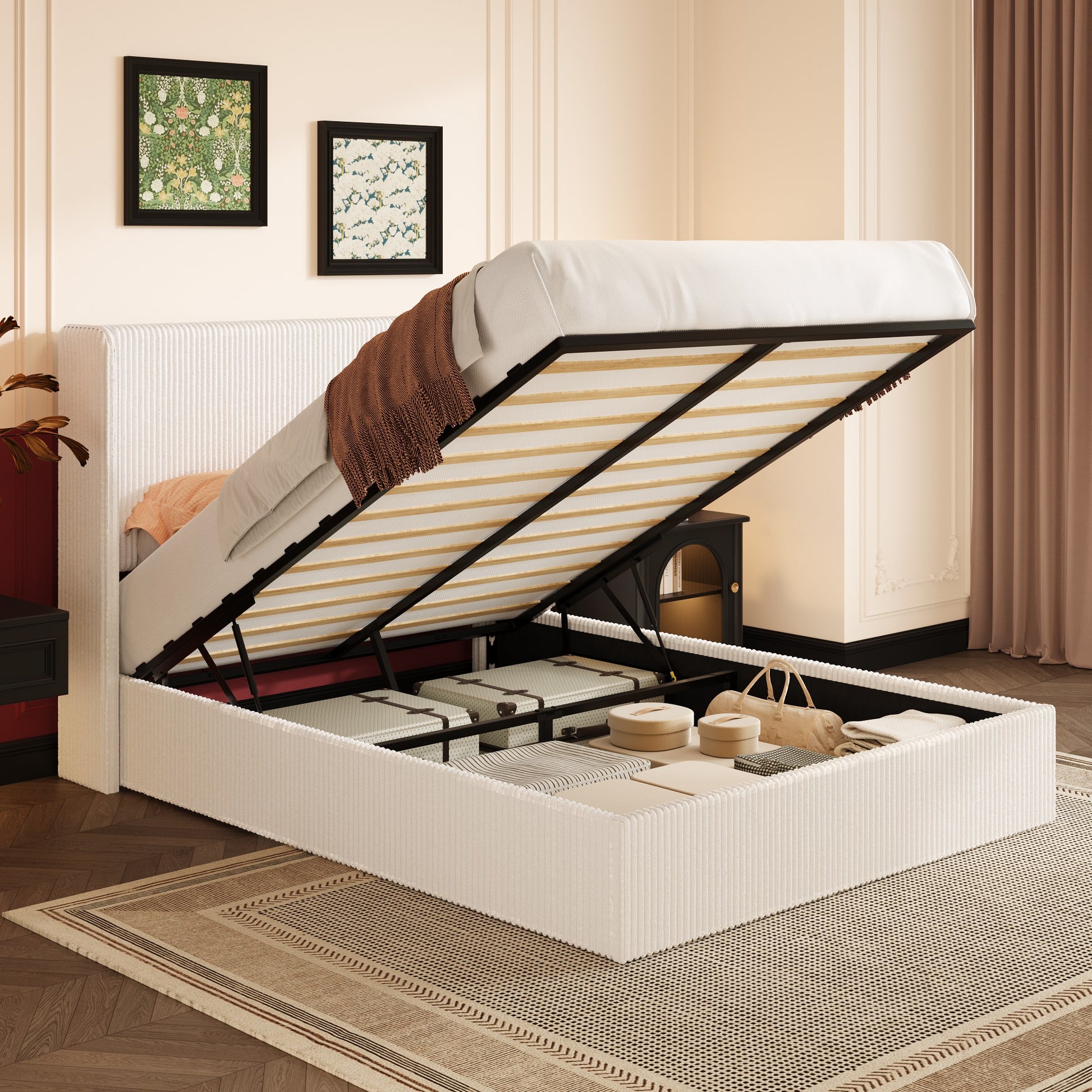 Einfach Hydraulic Lift Up Storage Bed Frame, Corduroy Upholstered Wingback Headboard, Ample Under-bed Storage