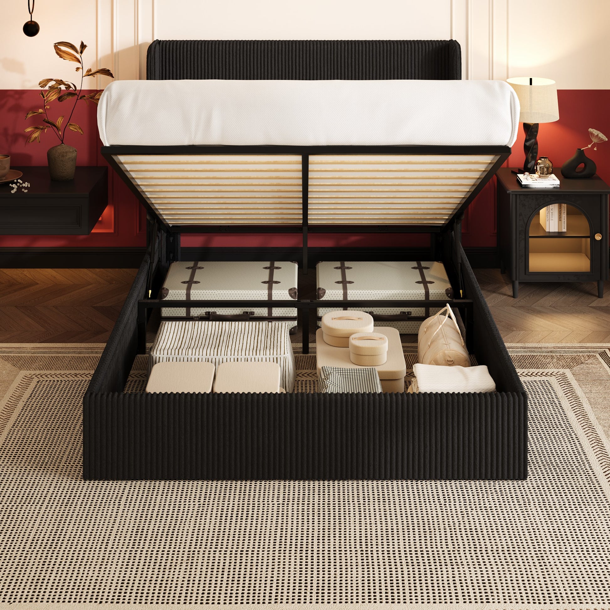 Einfach Hydraulic Lift Up Storage Bed Frame, Corduroy Upholstered Wingback Headboard, Ample Under-bed Storage
