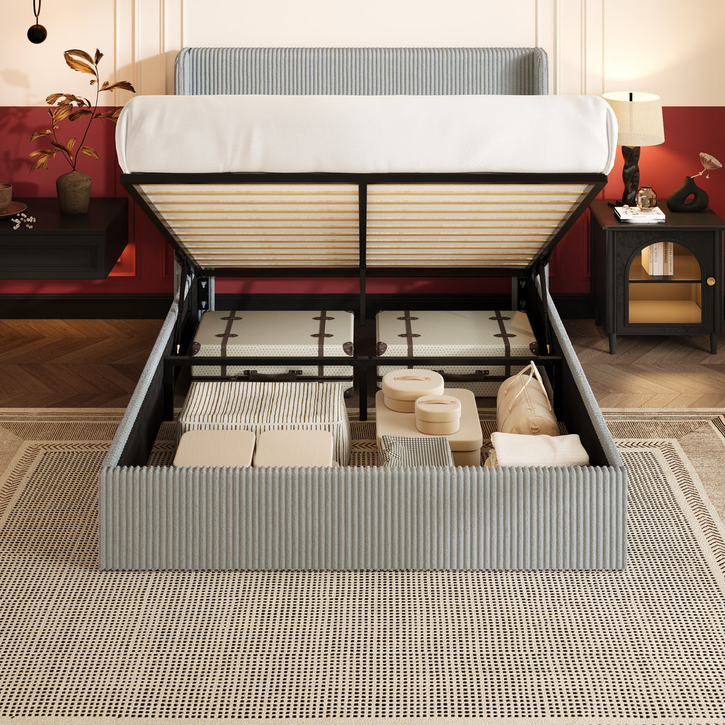 Einfach Hydraulic Lift Up Storage Bed Frame, Corduroy Upholstered Wingback Headboard, Ample Under-bed Storage