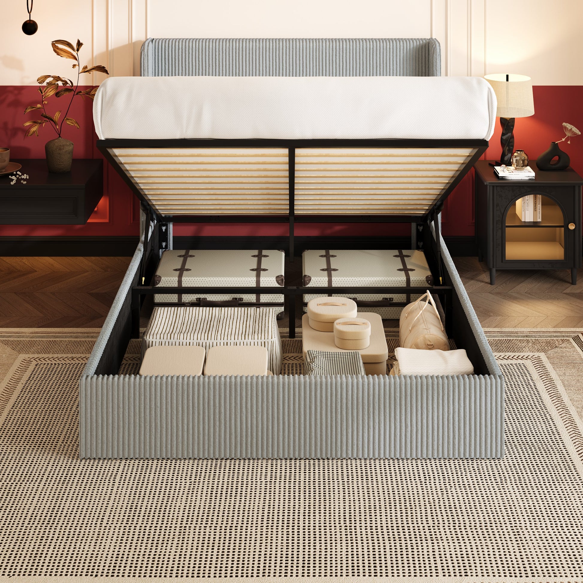 Einfach Hydraulic Lift Up Storage Bed Frame, Corduroy Upholstered Wingback Headboard, Ample Under-bed Storage