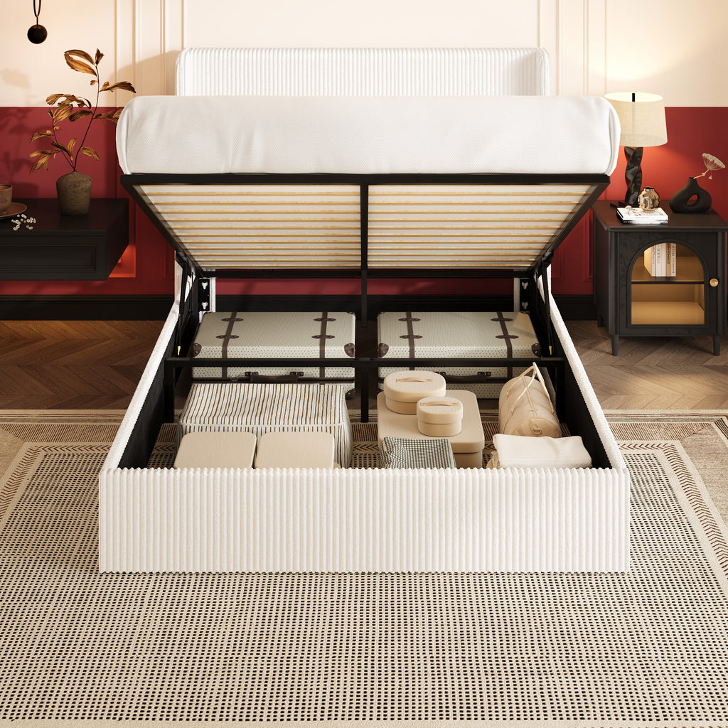Einfach Hydraulic Lift Up Storage Bed Frame, Corduroy Upholstered Wingback Headboard, Ample Under-bed Storage