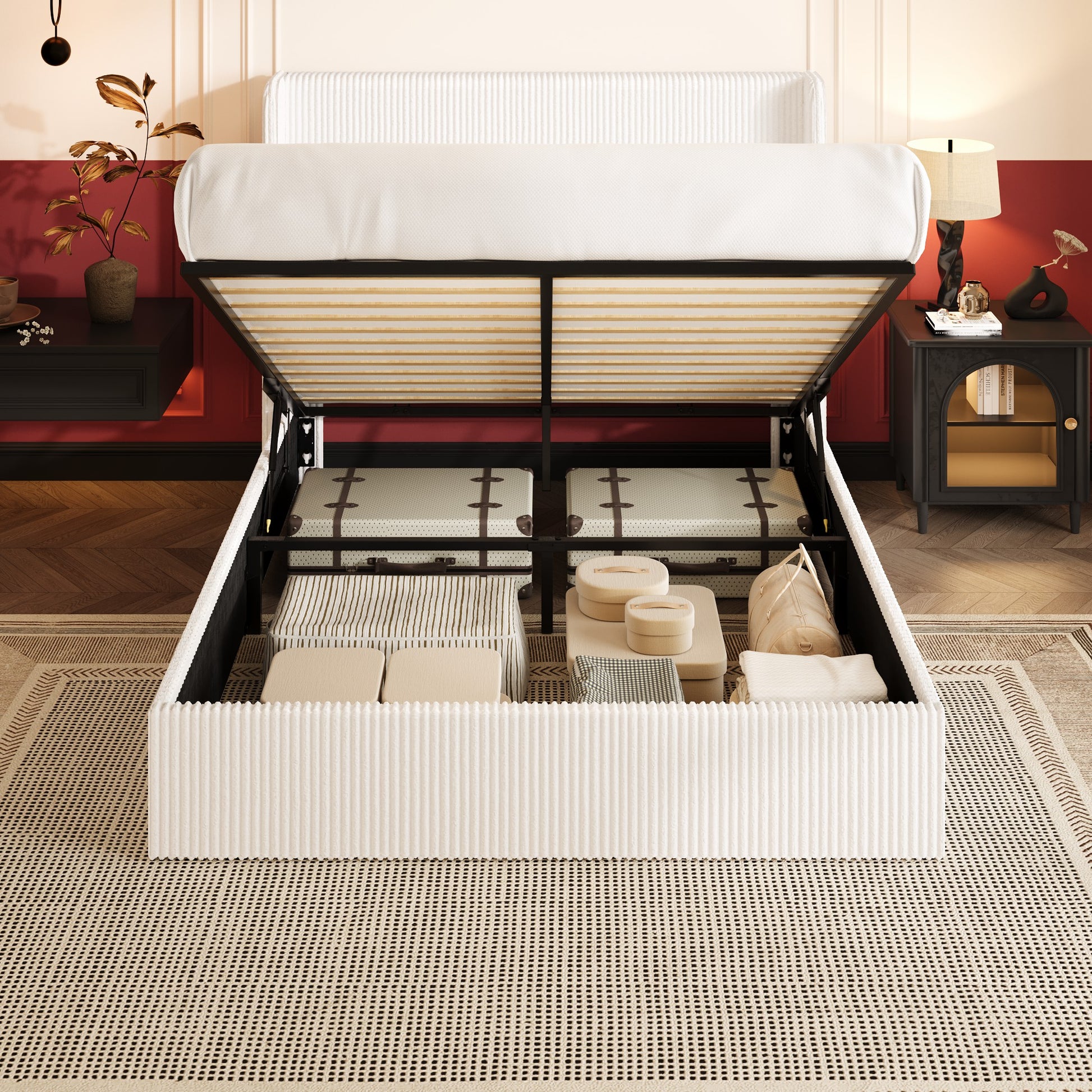 Einfach Hydraulic Lift Up Storage Bed Frame, Corduroy Upholstered Wingback Headboard, Ample Under-bed Storage