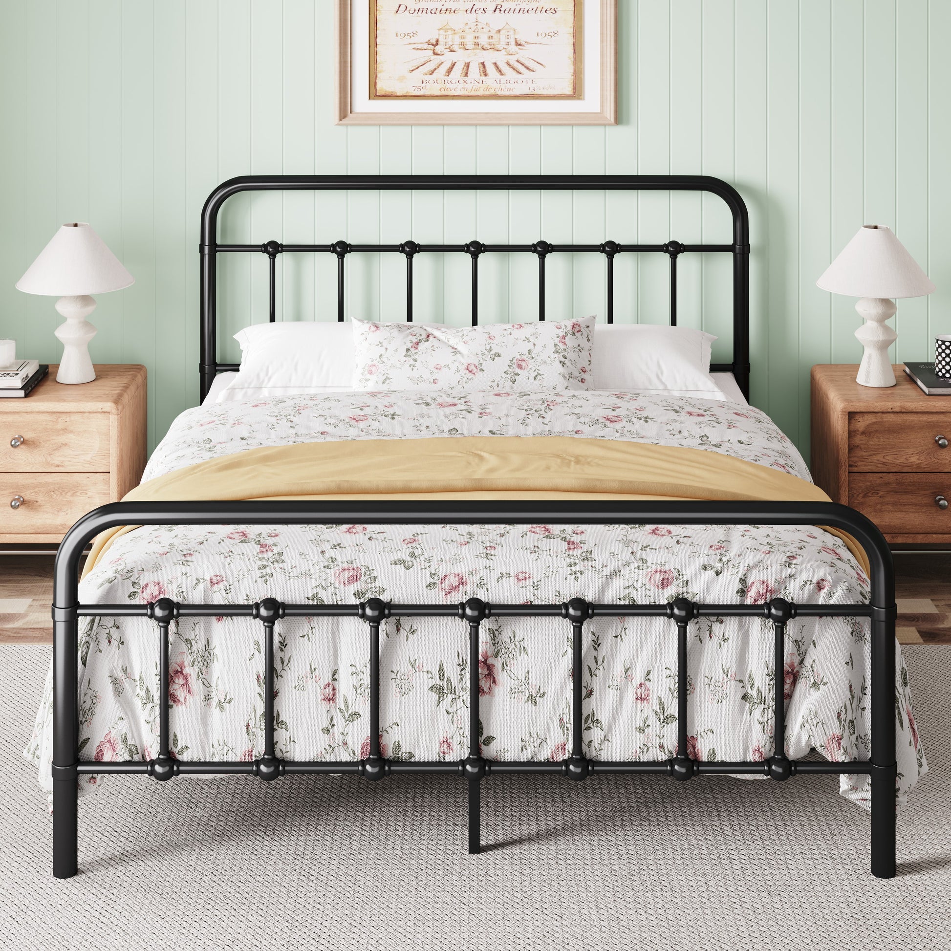 Einfach Metal Bed Frame with Victorian Vintage Headboard, 12.4" Under-bed Storage Space