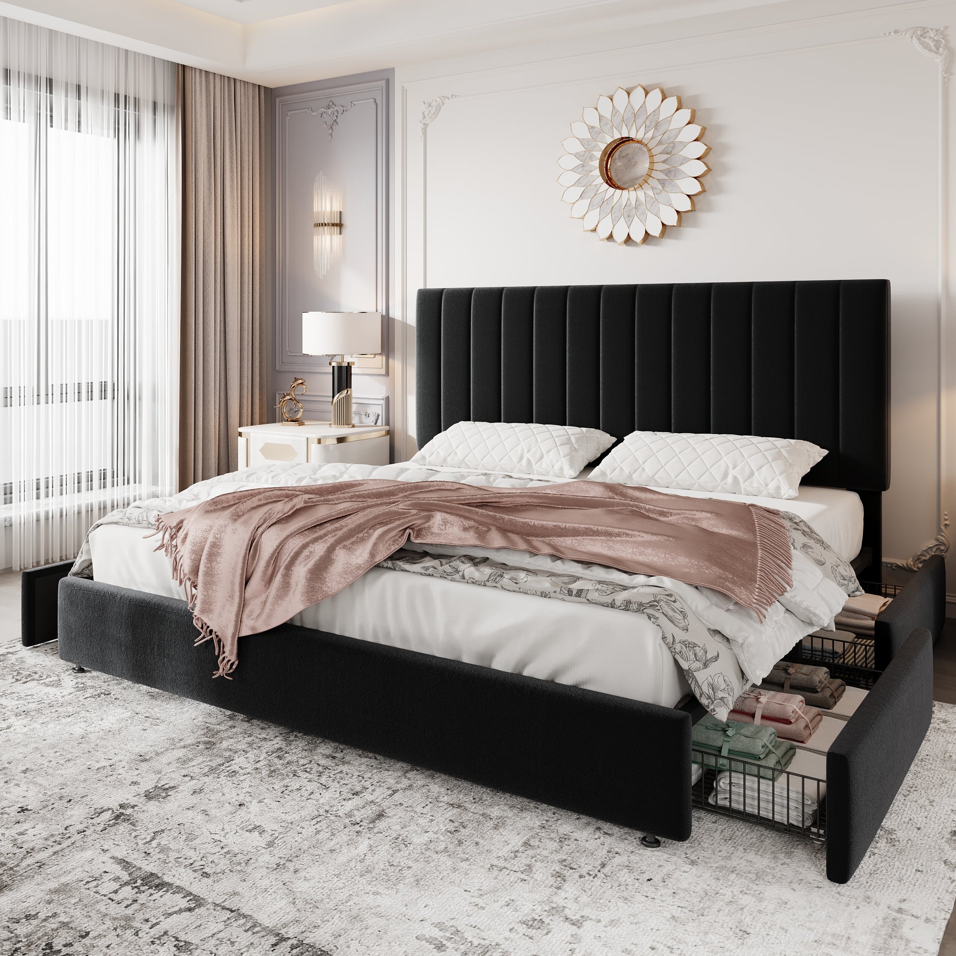 Einfach Bed Frame with Adjustable Upholstered Velvet Headboard and 4 Storage Drawers