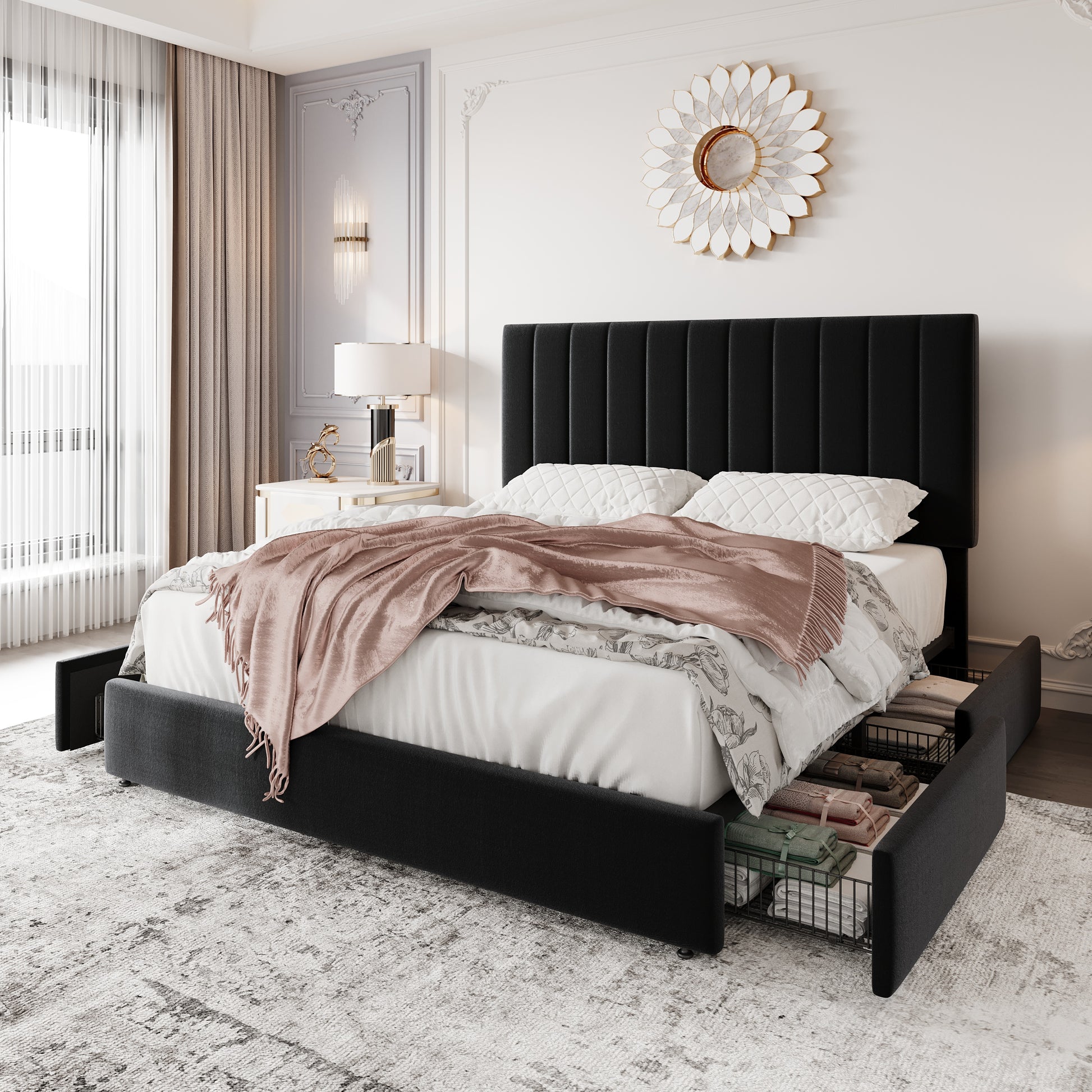 Einfach Bed Frame with Adjustable Upholstered Velvet Headboard and 4 Storage Drawers