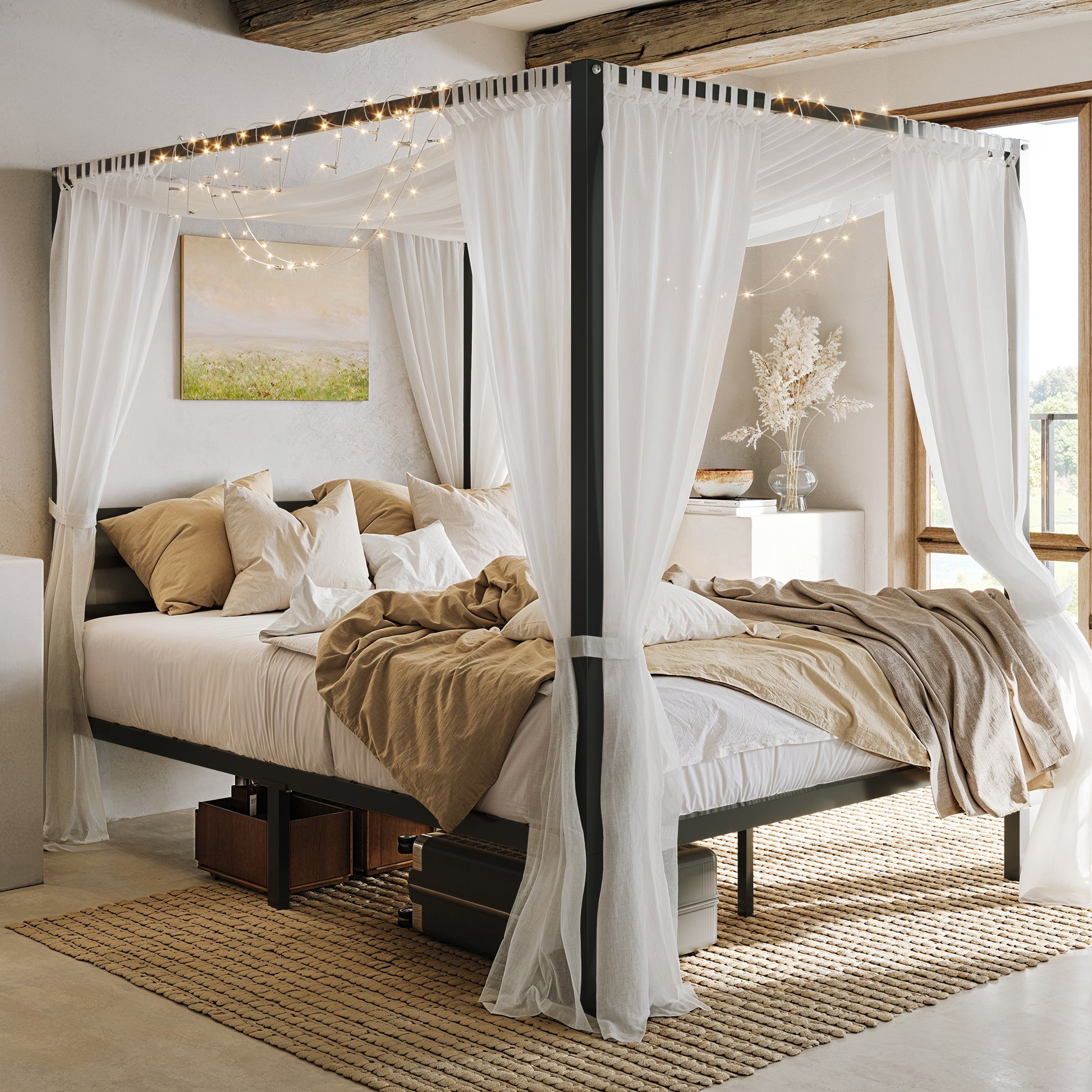 Einfach Canopy Bed Frame with Metal Headboard, Nox Box Spring Needed