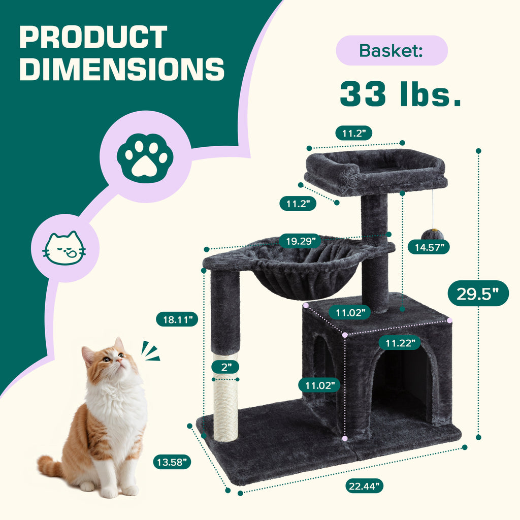 Einfach Small Cat Tree 29.5" Tower Condo with Sisal Scratcing Post Hammock Top Perch for Indoor Cats