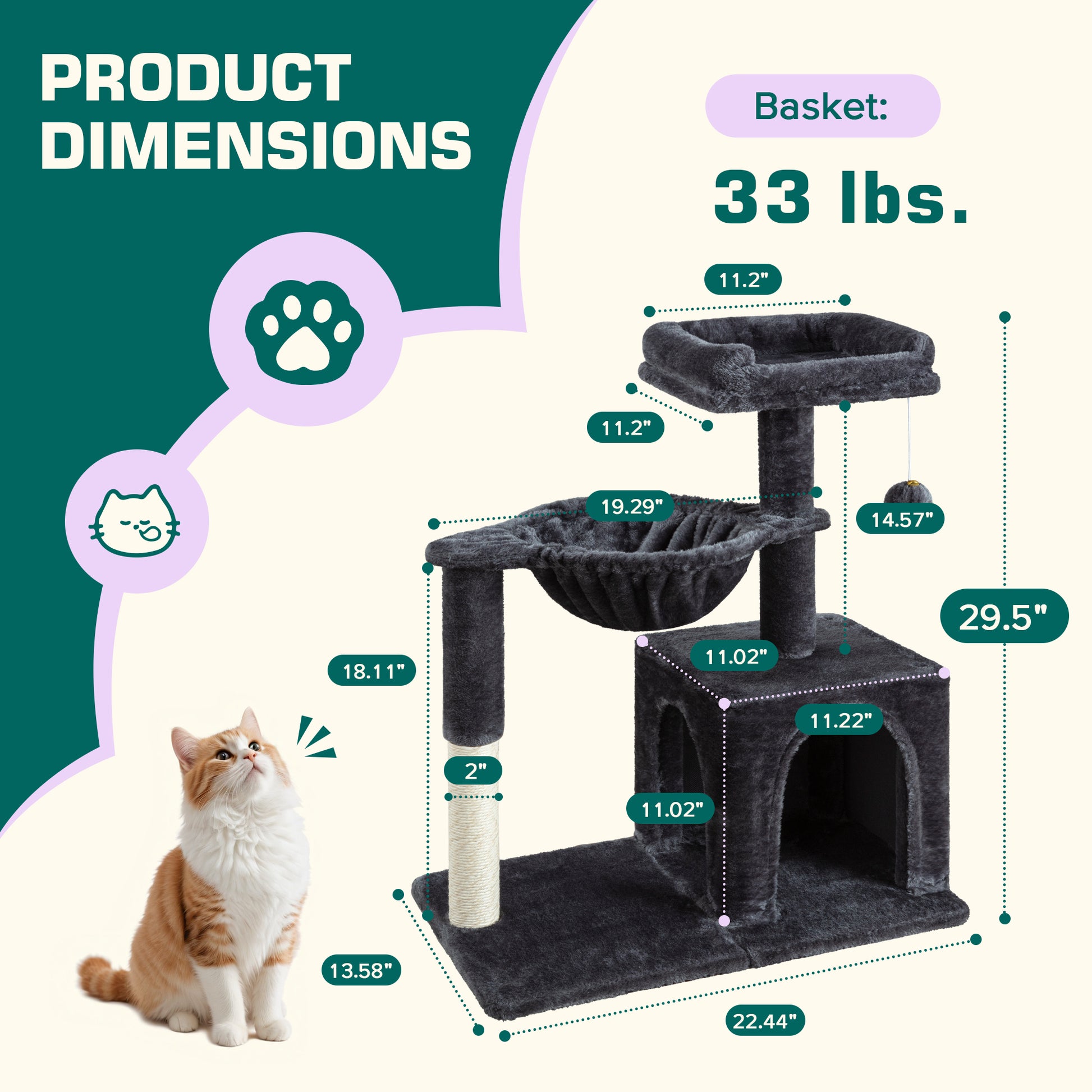 Einfach Small Cat Tree 29.5" Tower Condo with Sisal Scratcing Post Hammock Top Perch for Indoor Cats