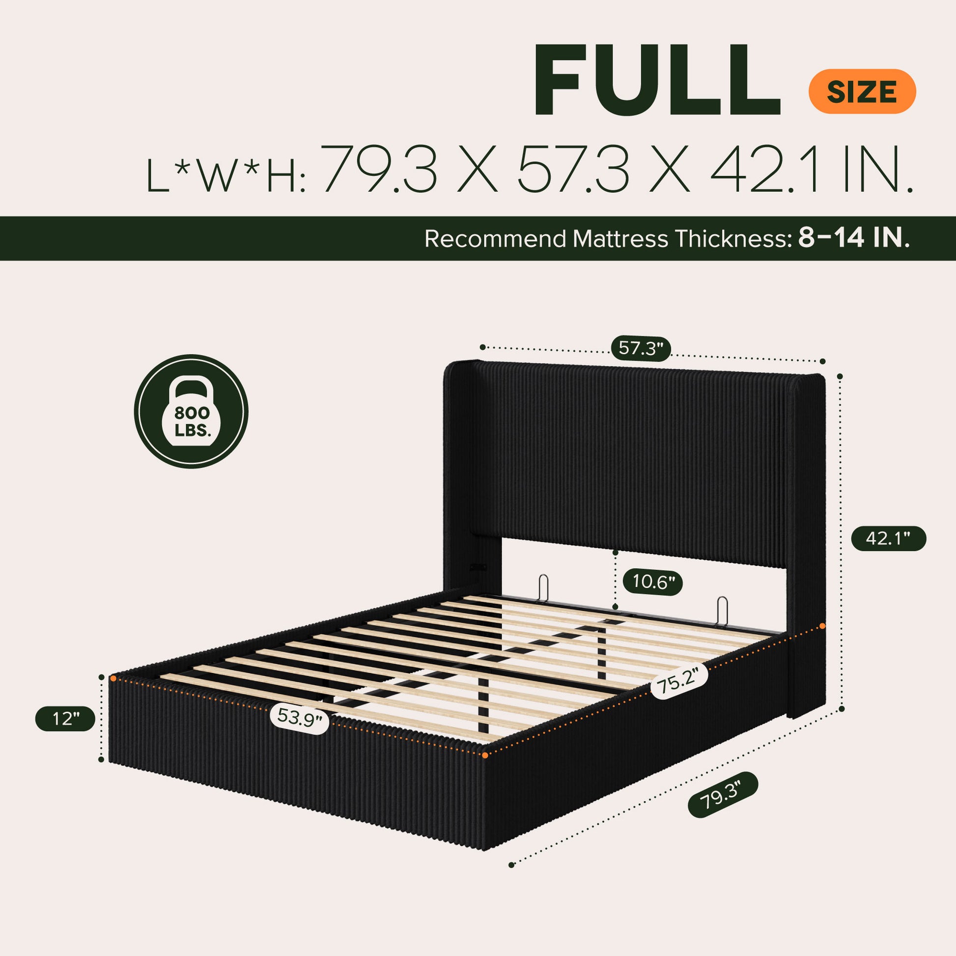 Einfach Hydraulic Lift Up Storage Bed Frame, Corduroy Upholstered Wingback Headboard, Ample Under-bed Storage