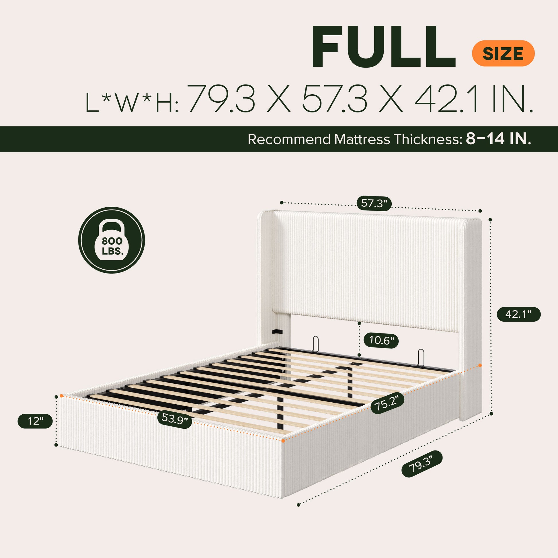 Einfach Hydraulic Lift Up Storage Bed Frame, Corduroy Upholstered Wingback Headboard, Ample Under-bed Storage