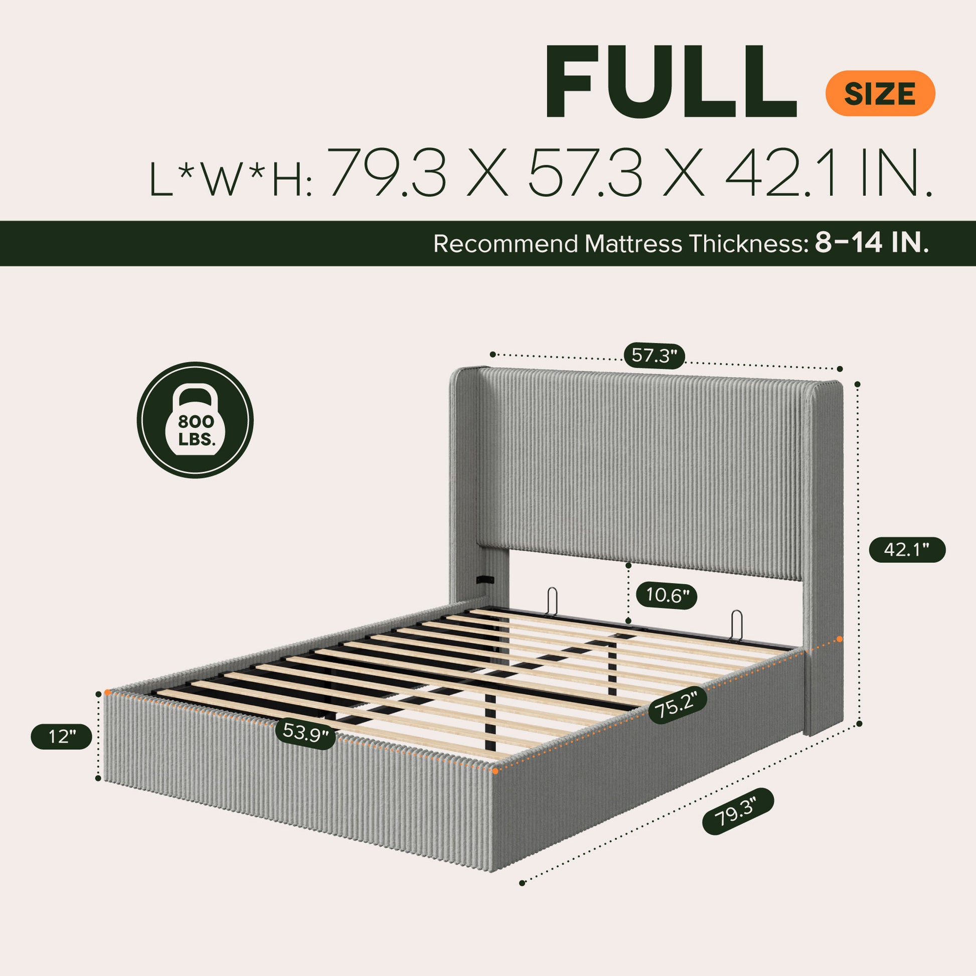 Einfach Hydraulic Lift Up Storage Bed Frame, Corduroy Upholstered Wingback Headboard, Ample Under-bed Storage