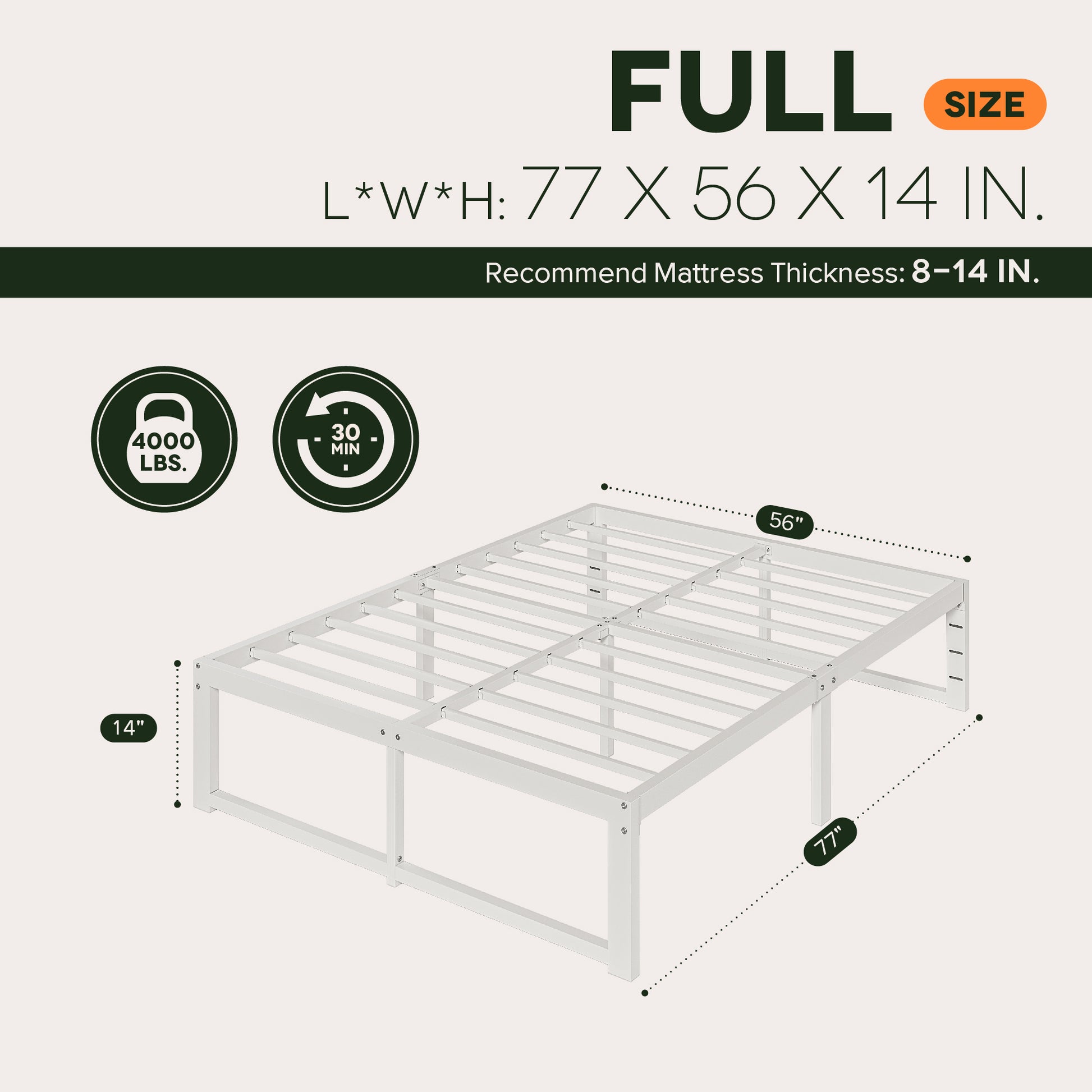 Einfach 14" Bed Frame, Heavy Duty Metal Slat Platform with Ample Underbed Storage, Noise Free
