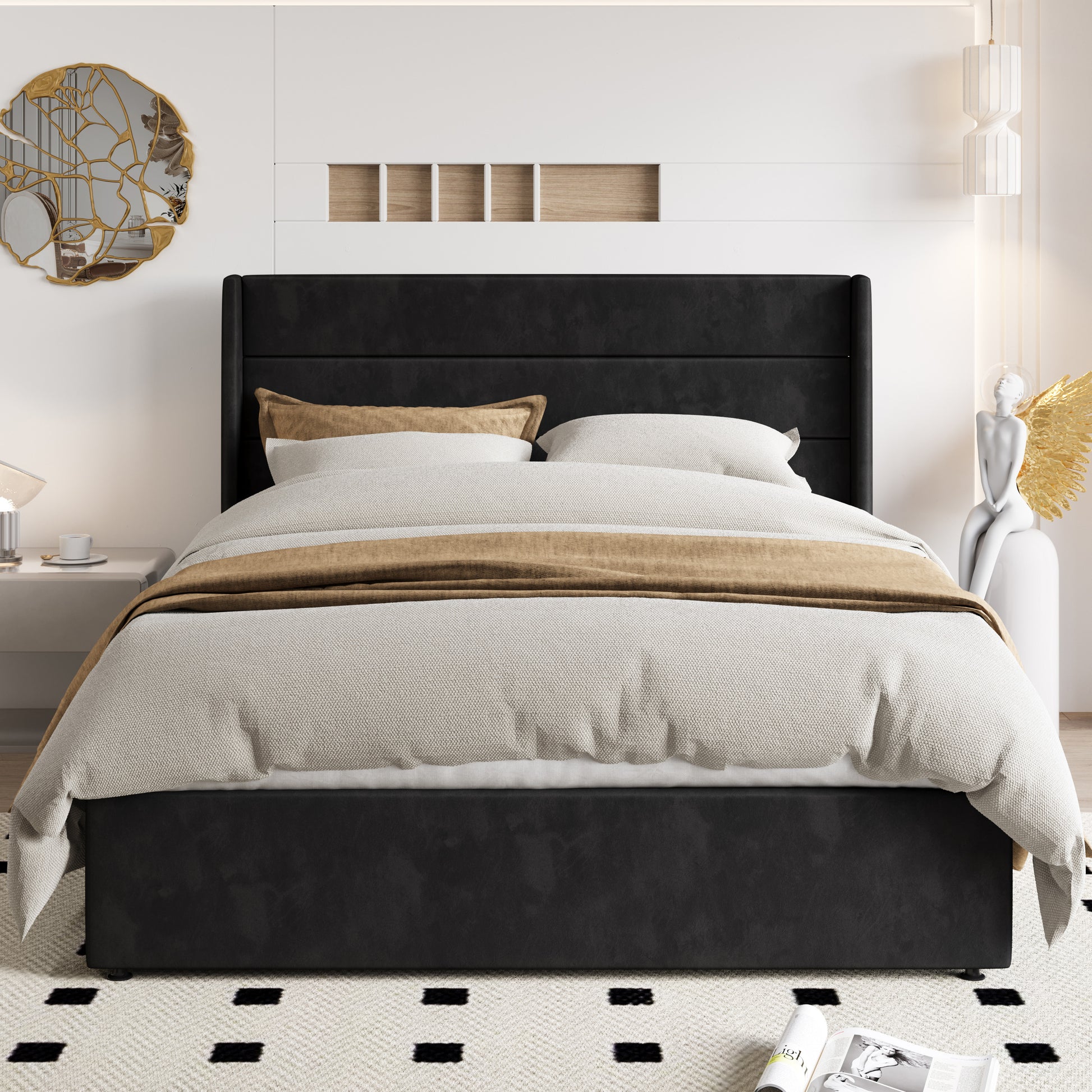 Einfach Lift up Platform Storage Bed Frame with Fabric Upholstered Wingback Button Tufted Headboard