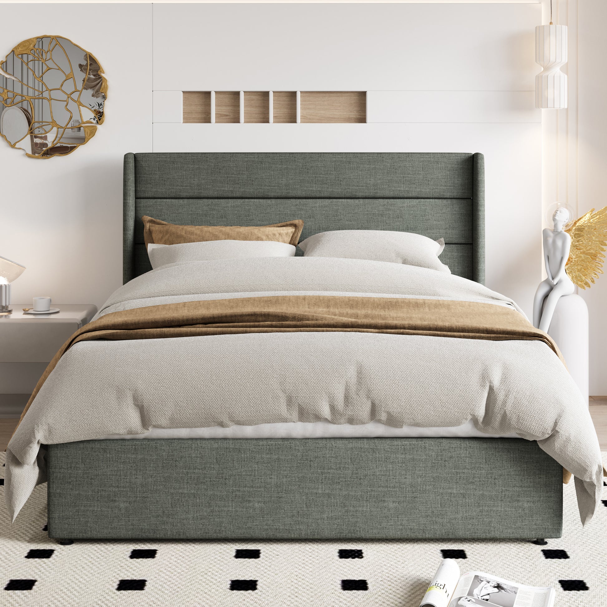 Einfach Lift up Platform Storage Bed Frame with Fabric Upholstered Wingback Button Tufted Headboard