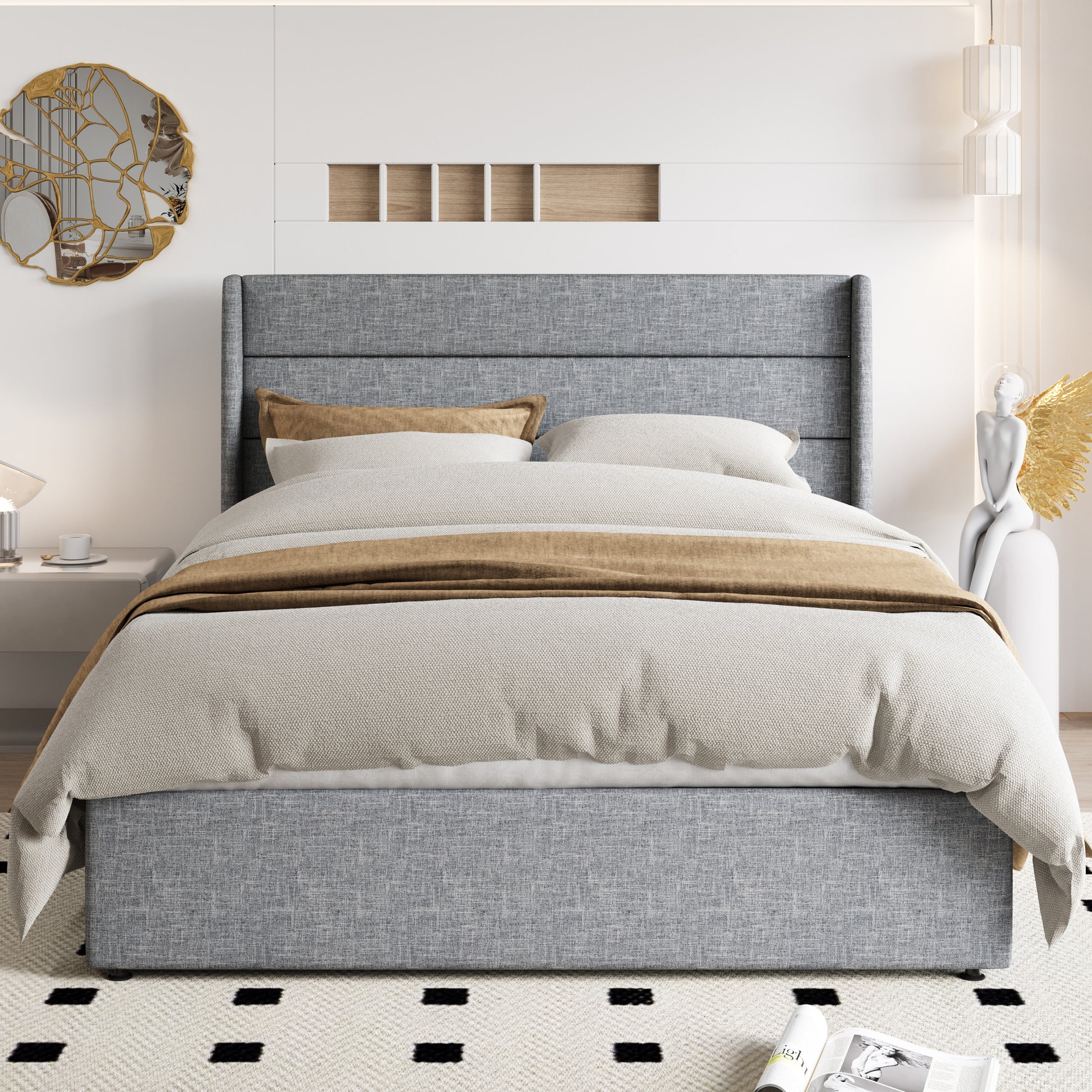Einfach Lift up Platform Storage Bed Frame with Fabric Upholstered Wingback Button Tufted Headboard