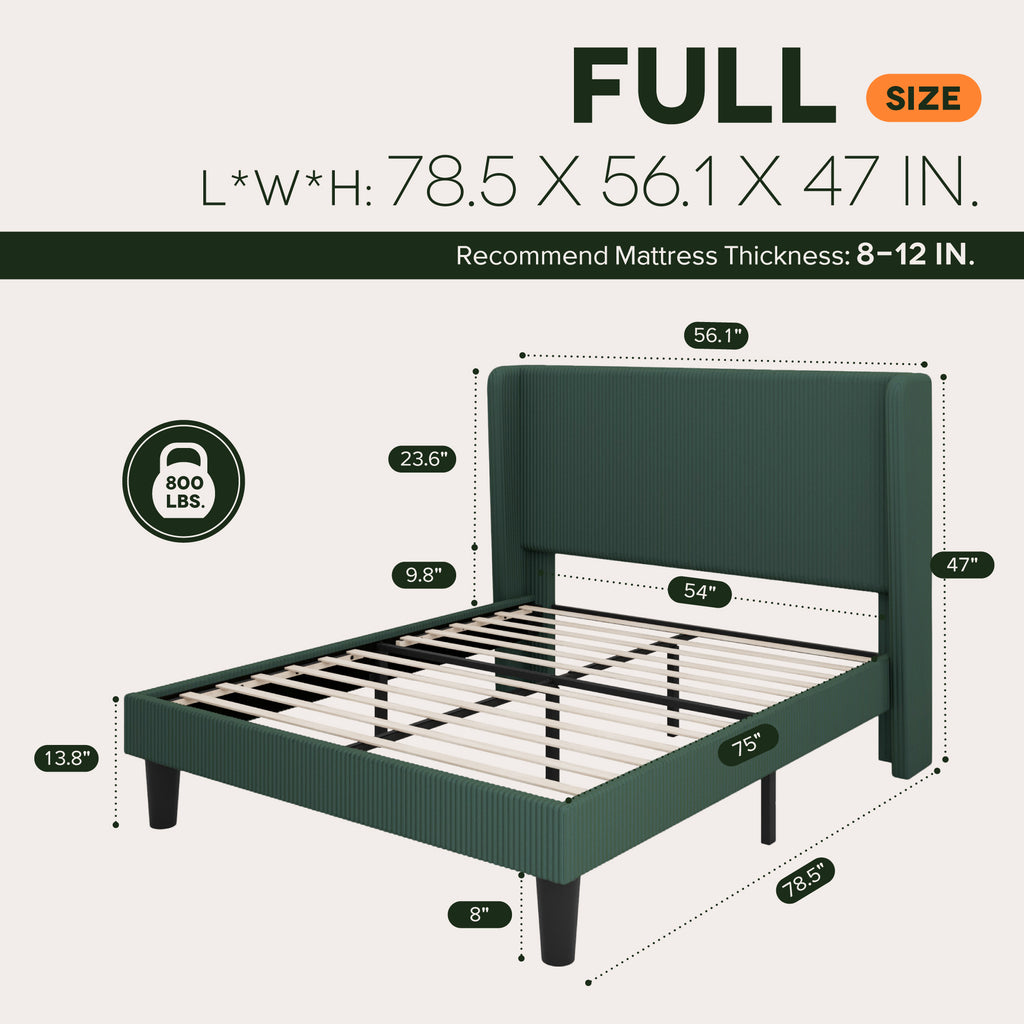 Einfach Luxury Channel-Tufted Corduroy Velvet Platform Bed Frame with Wingback Headboard