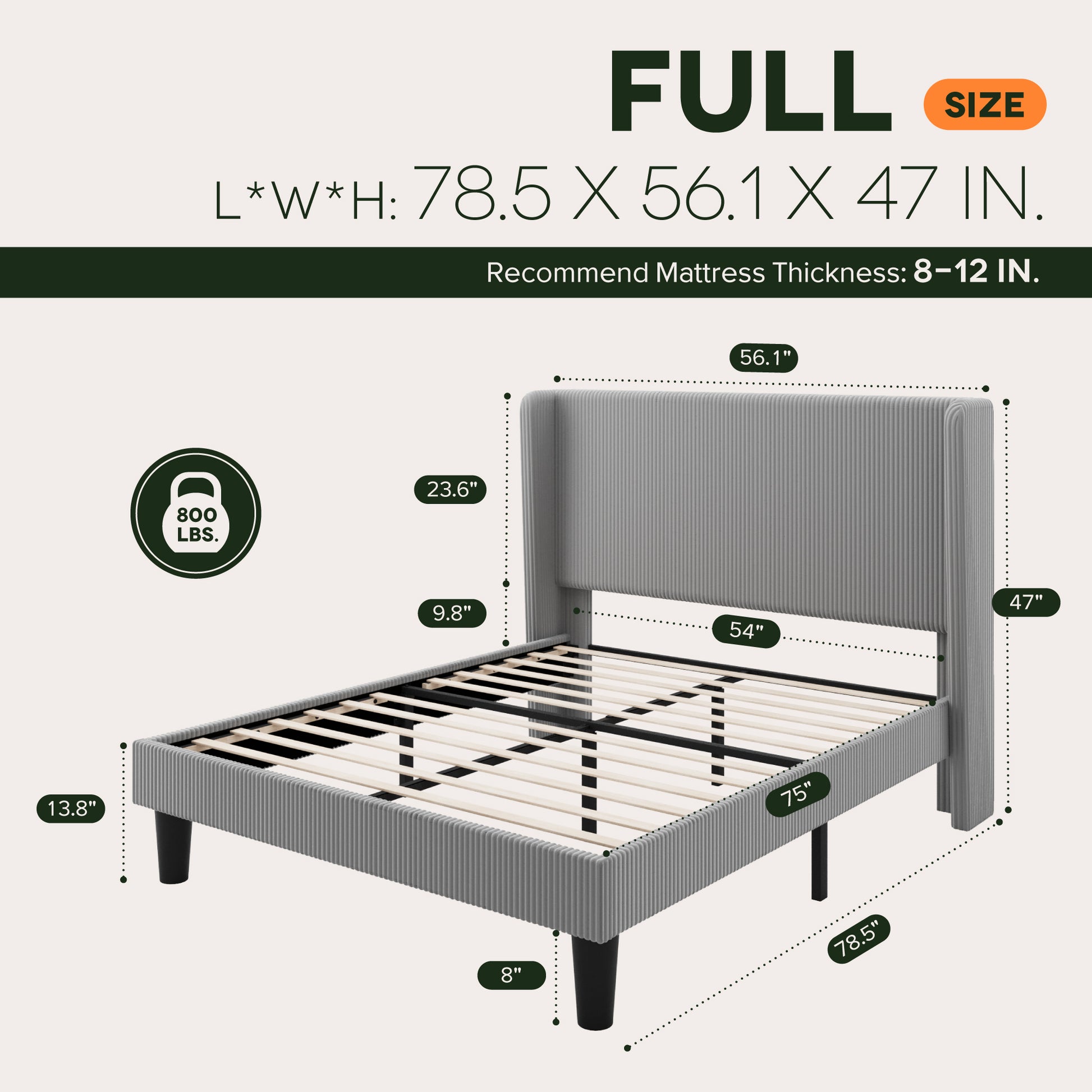 Einfach Luxury Channel-Tufted Corduroy Velvet Platform Bed Frame with Wingback Headboard