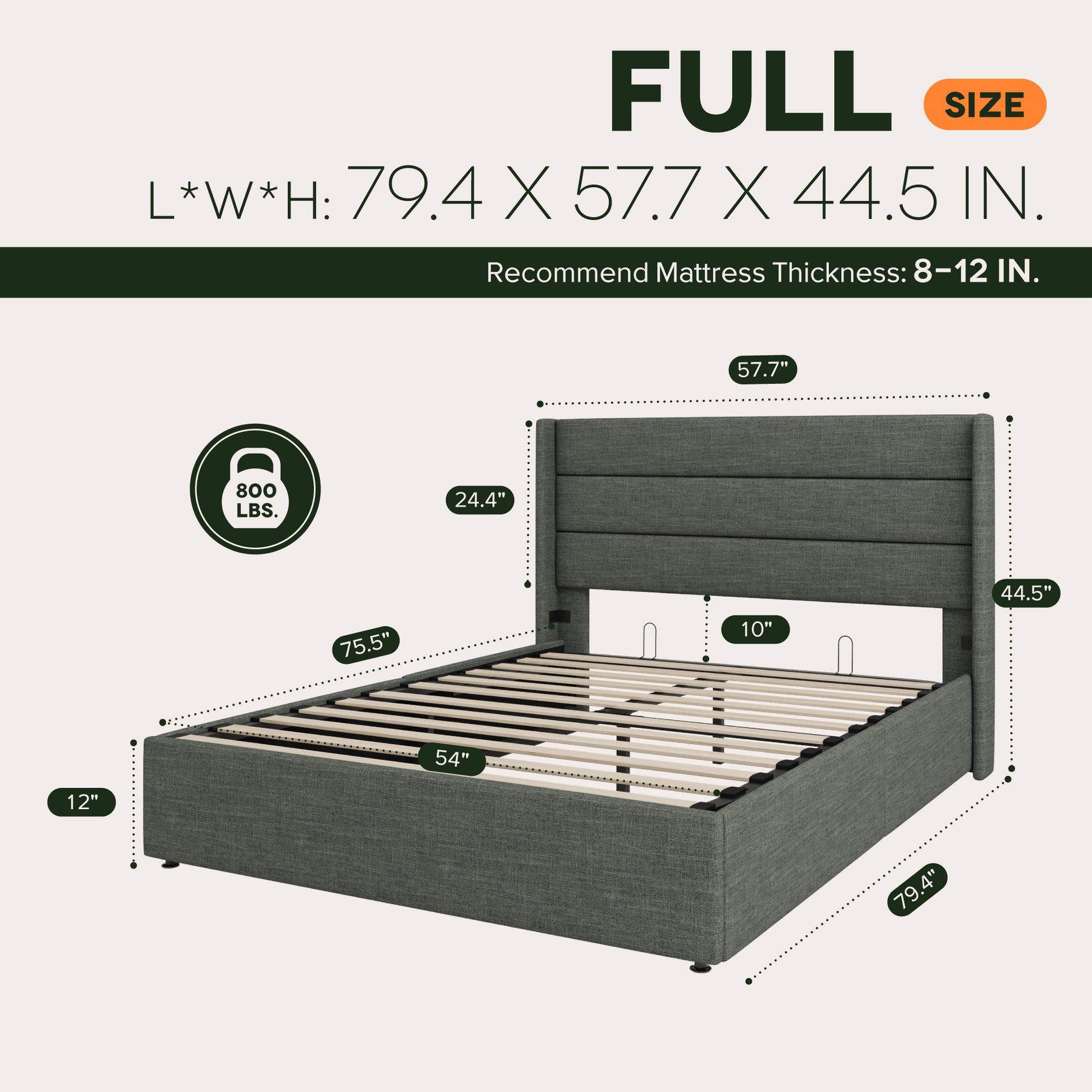 Einfach Lift up Platform Storage Bed Frame with Upholstered Wingback Headboard