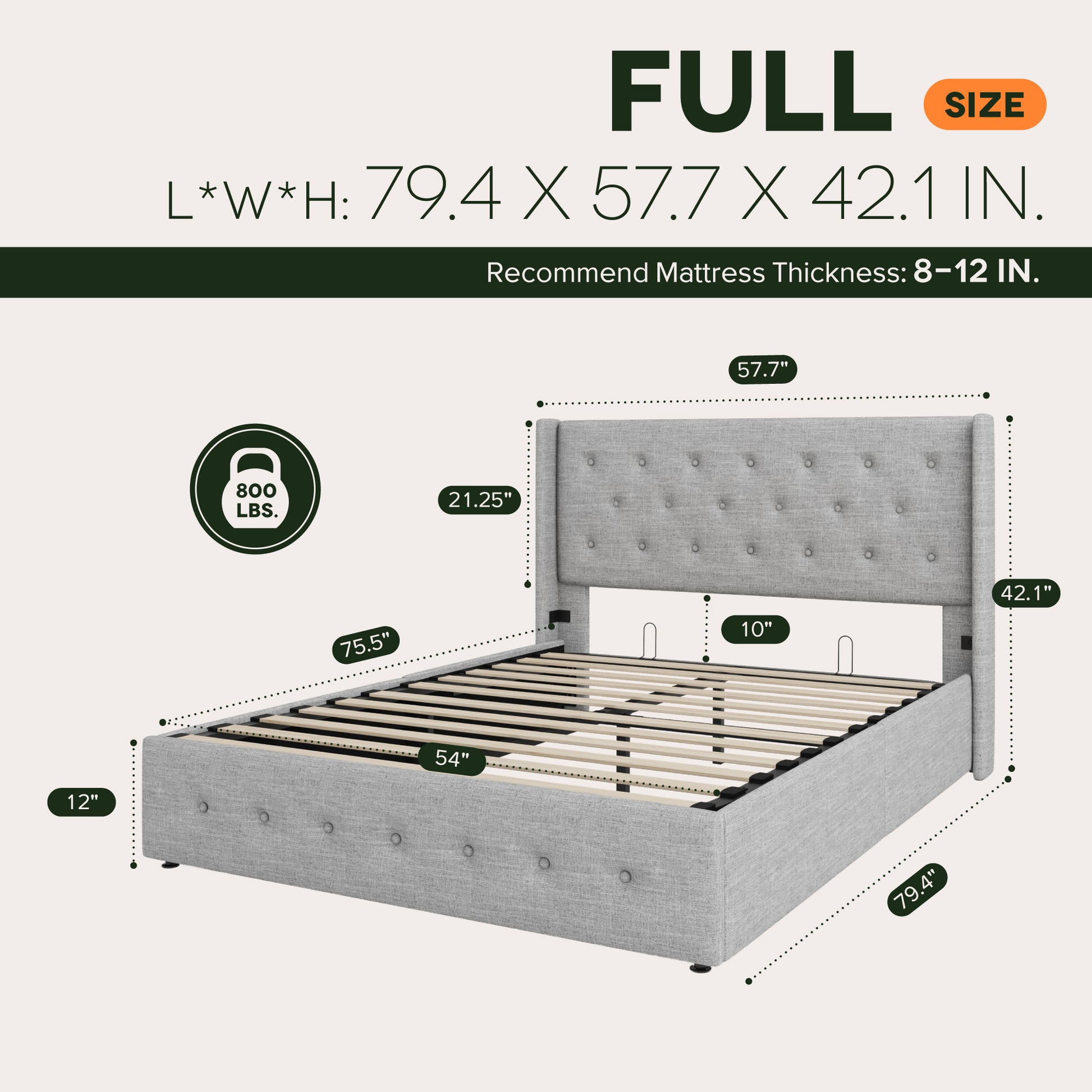 Einfach Lift up Platform Storage Bed Frame with Upholstered Wingback Headboard