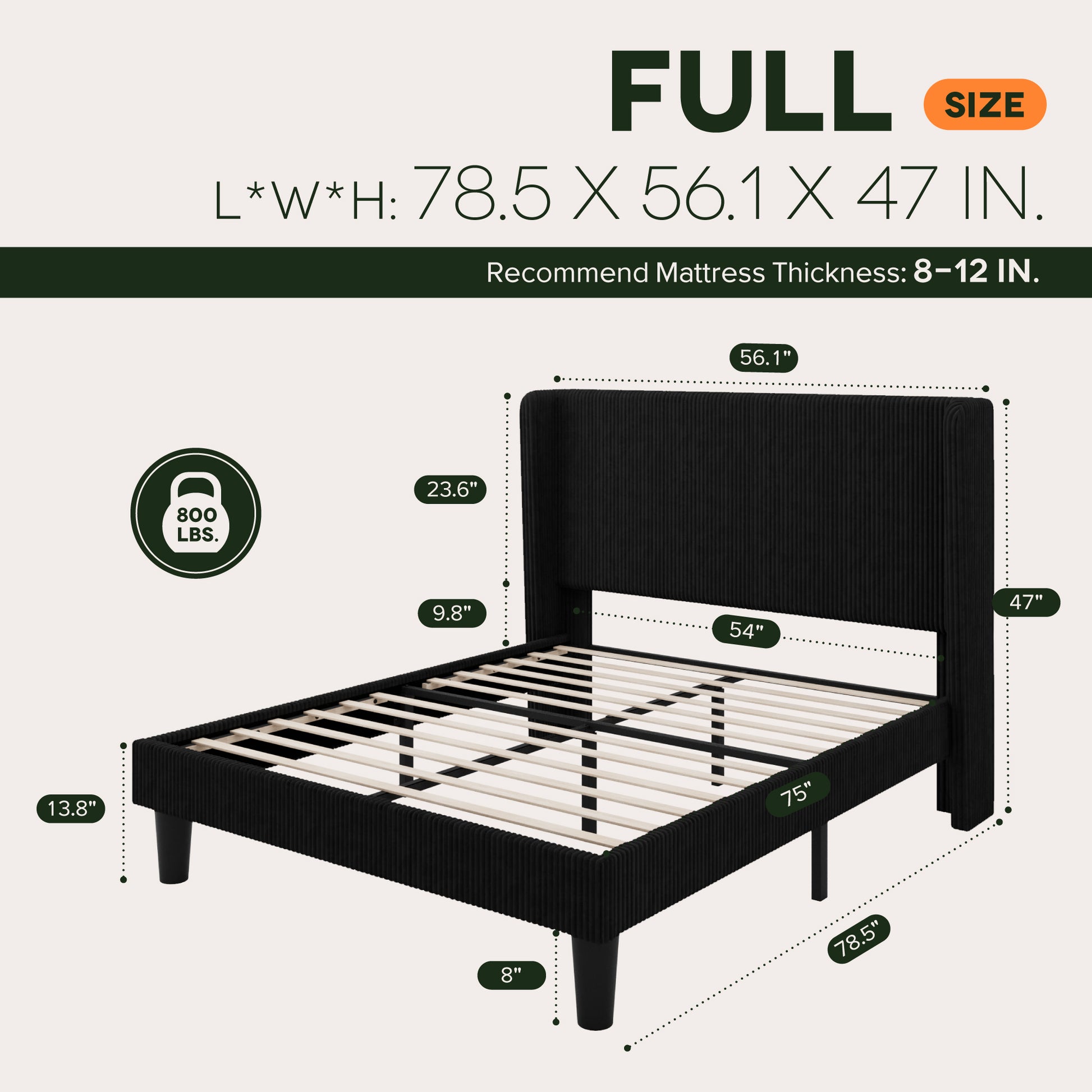 Einfach Luxury Channel-Tufted Corduroy Velvet Platform Bed Frame with Wingback Headboard