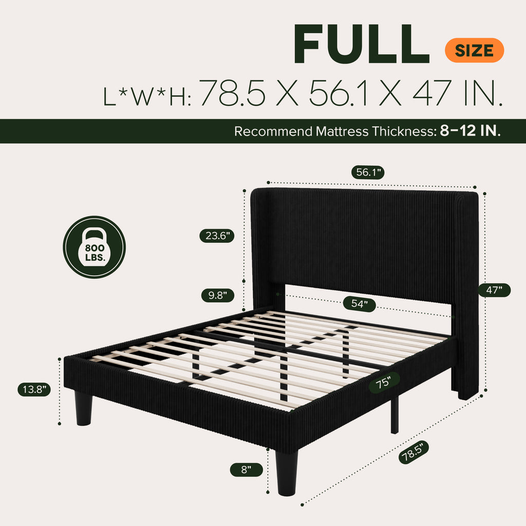 Einfach Luxury Channel-Tufted Corduroy Velvet Platform Bed Frame with Wingback Headboard