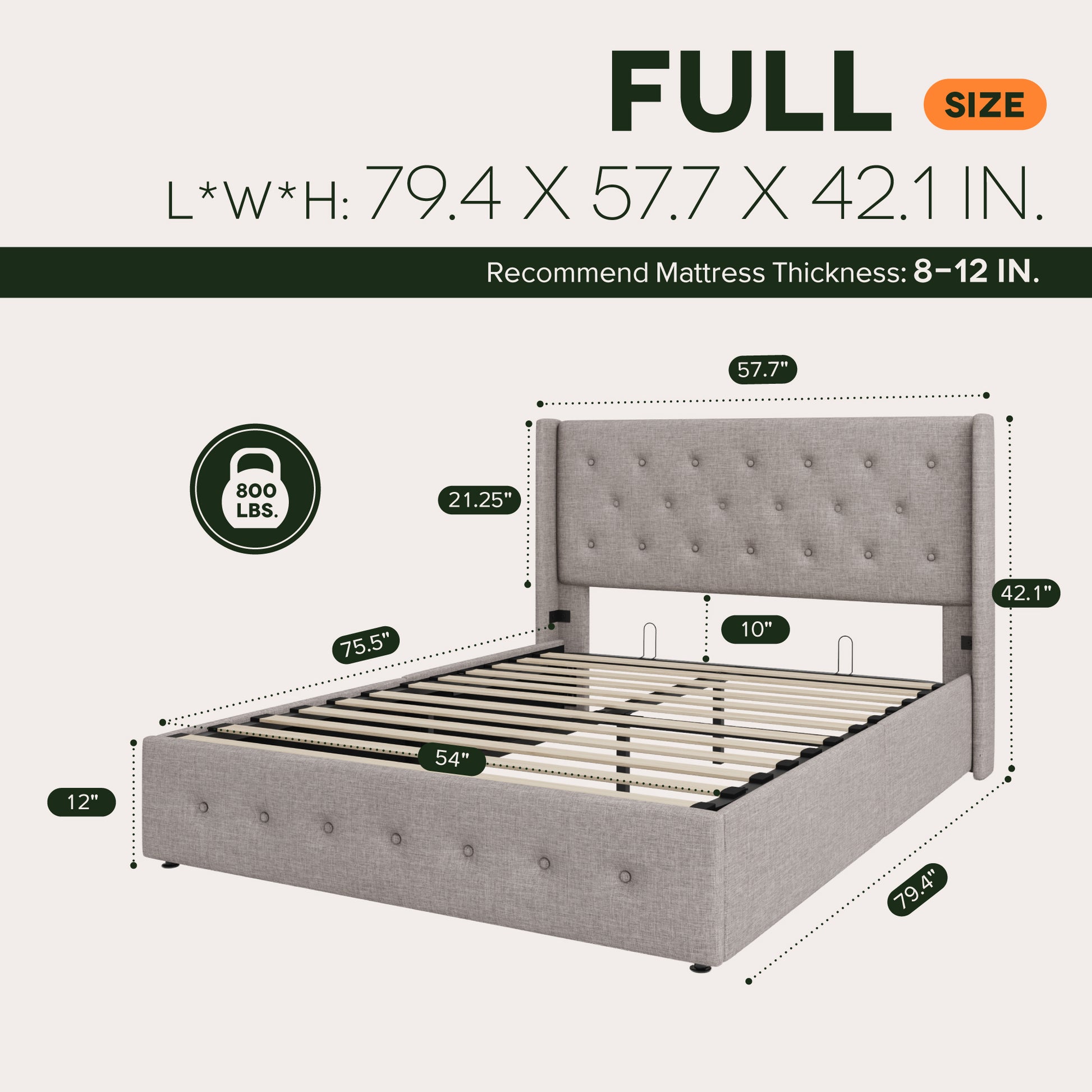 Einfach Lift up Platform Storage Bed Frame with Upholstered Wingback Headboard