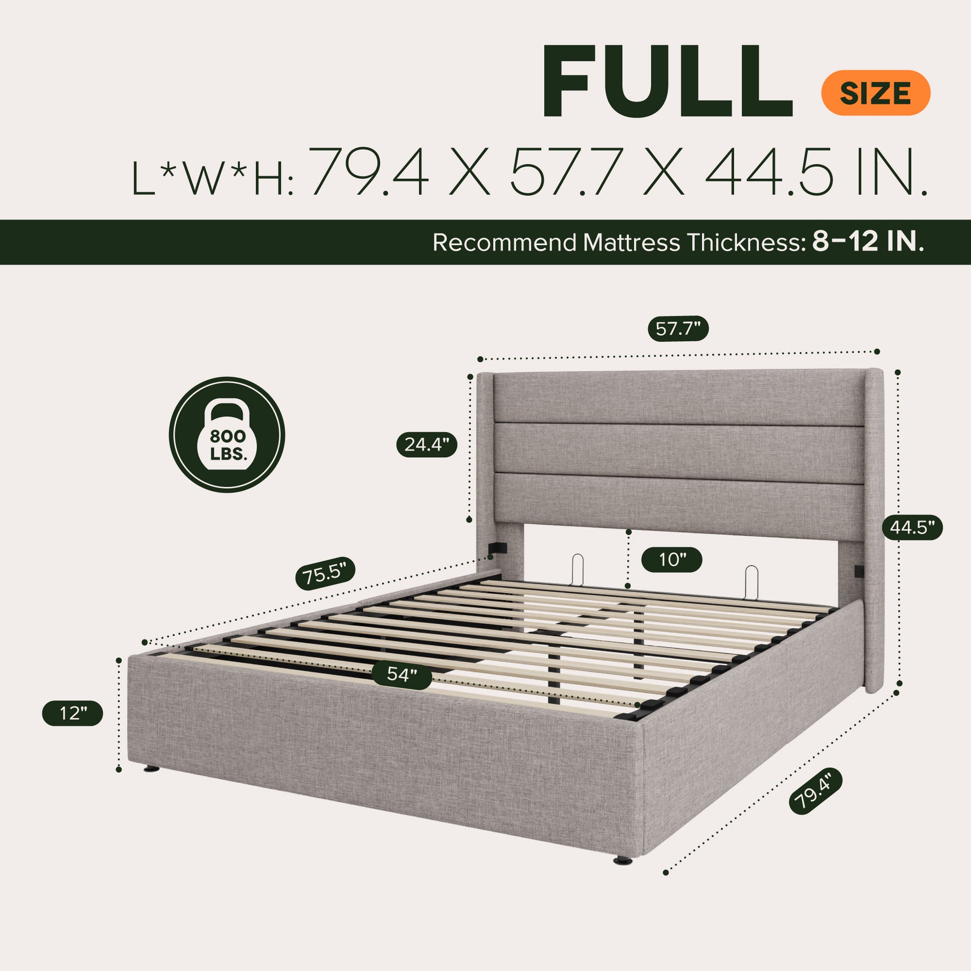 Einfach Lift up Platform Storage Bed Frame with Upholstered Wingback Headboard