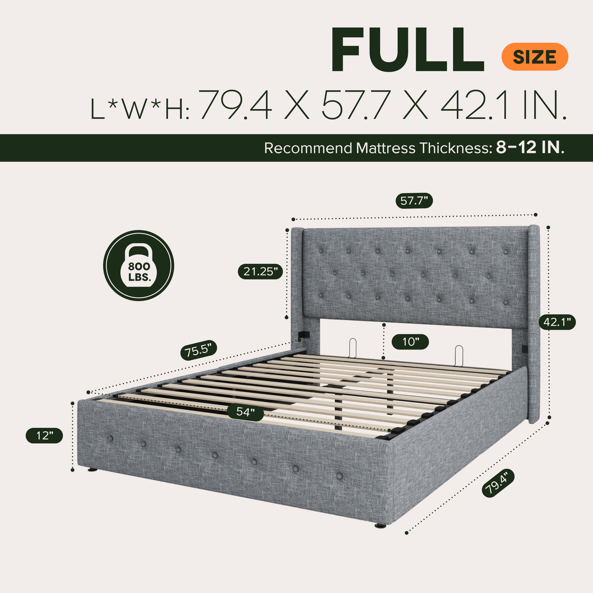 Einfach Lift up Platform Storage Bed Frame with Upholstered Wingback Headboard