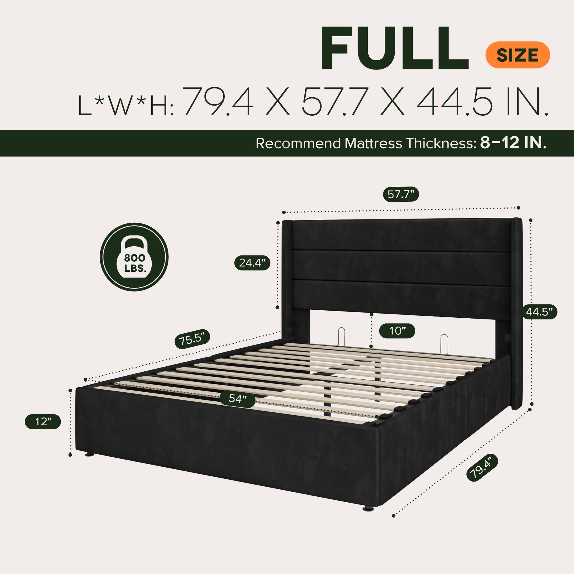 Einfach Hydraulic Lift up Platform Storage Bed Frame with Velvet Upholstered Wingback Panel Headboard