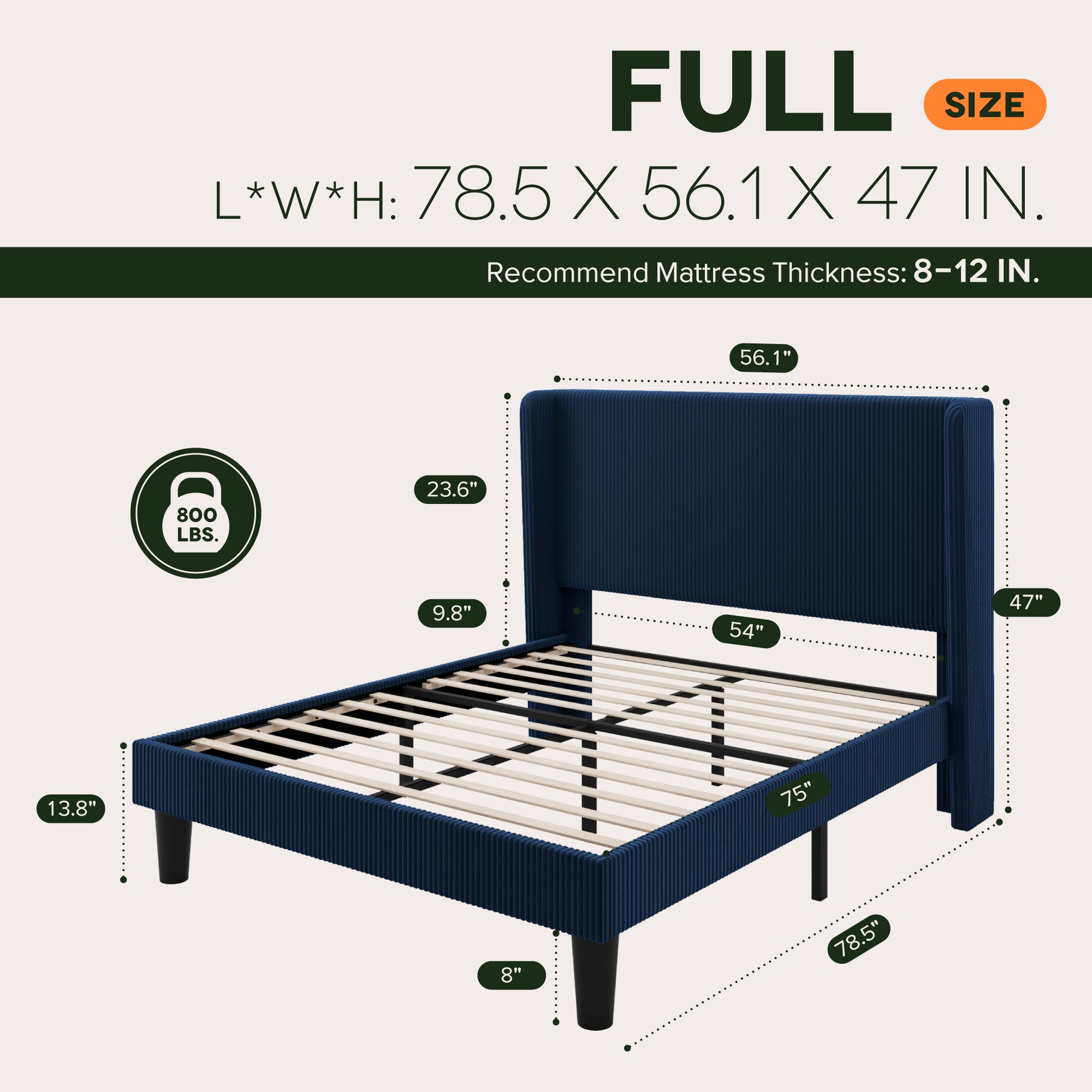 Einfach Luxury Channel-Tufted Corduroy Velvet Platform Bed Frame with Wingback Headboard