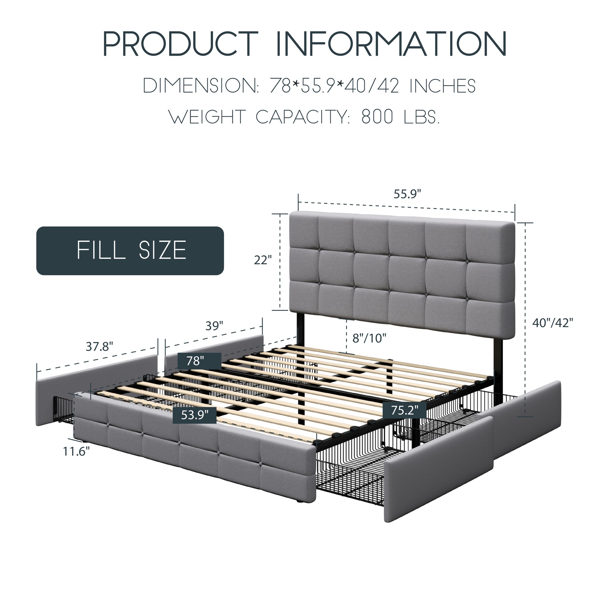 Einfach Linen Fabirc Platform Bed with 4 Big Storage Drawers, Adjustable Headboard