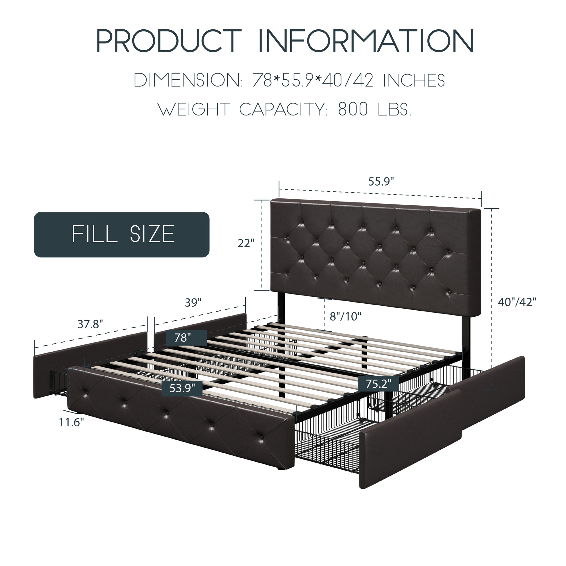 Einfach PU Leather Platform Bed with 4 Big Storage Drawers, Diamond Button Tufted Adjustable Headboard