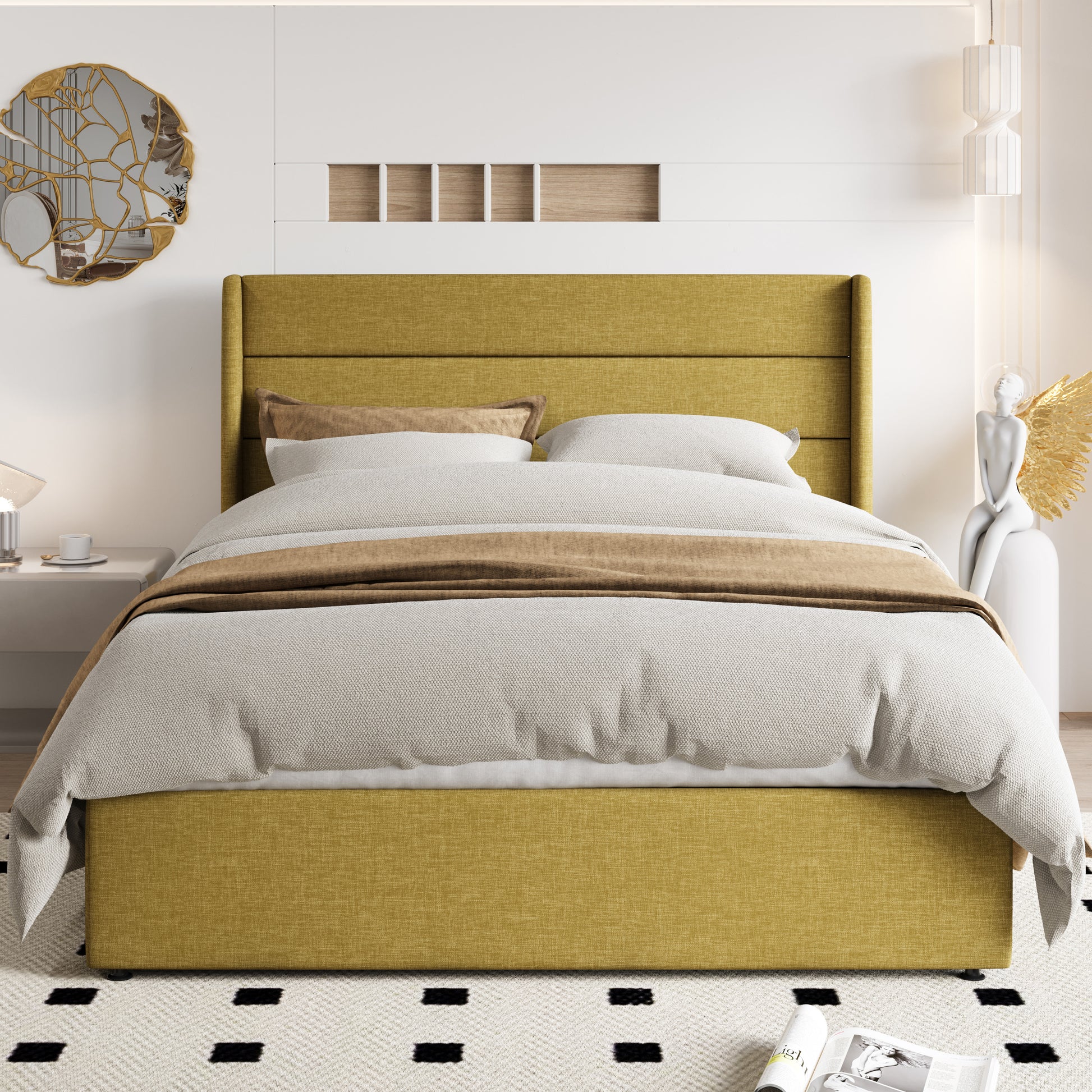 Einfach Lift up Platform Storage Bed Frame with Fabric Upholstered Wingback Button Tufted Headboard