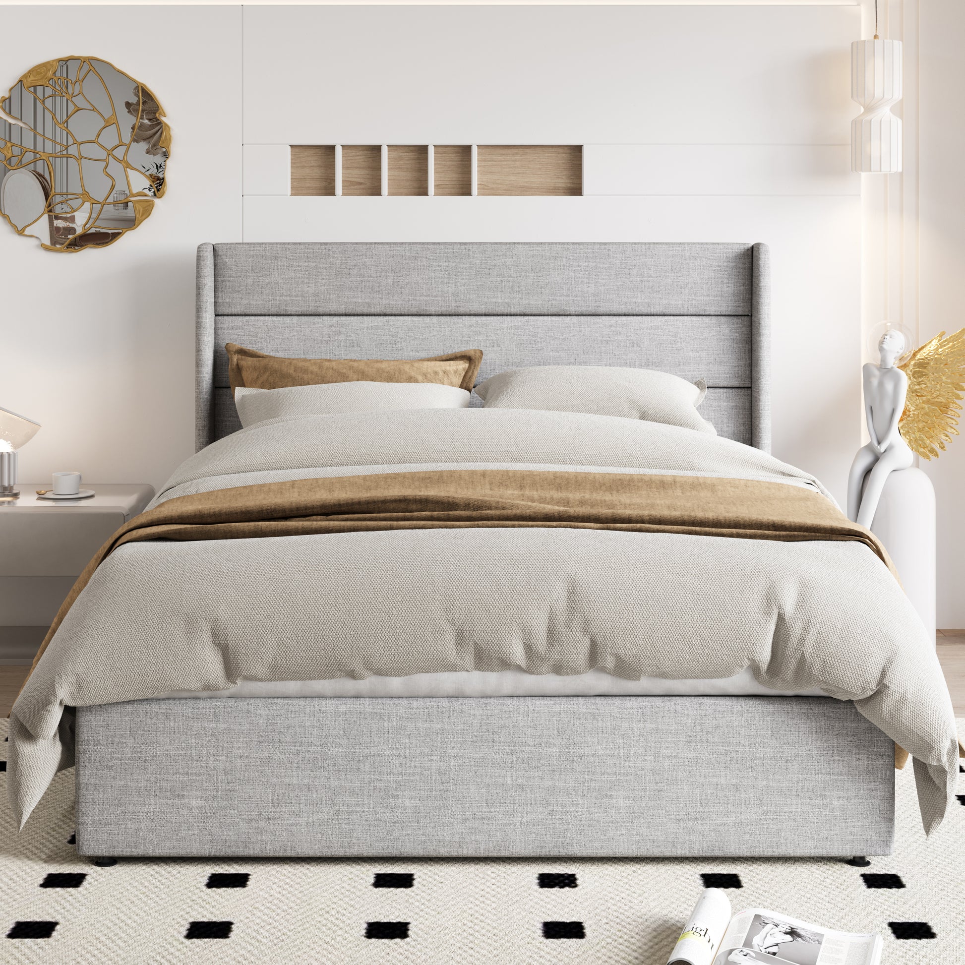 Einfach Lift up Platform Storage Bed Frame with Fabric Upholstered Wingback Button Tufted Headboard