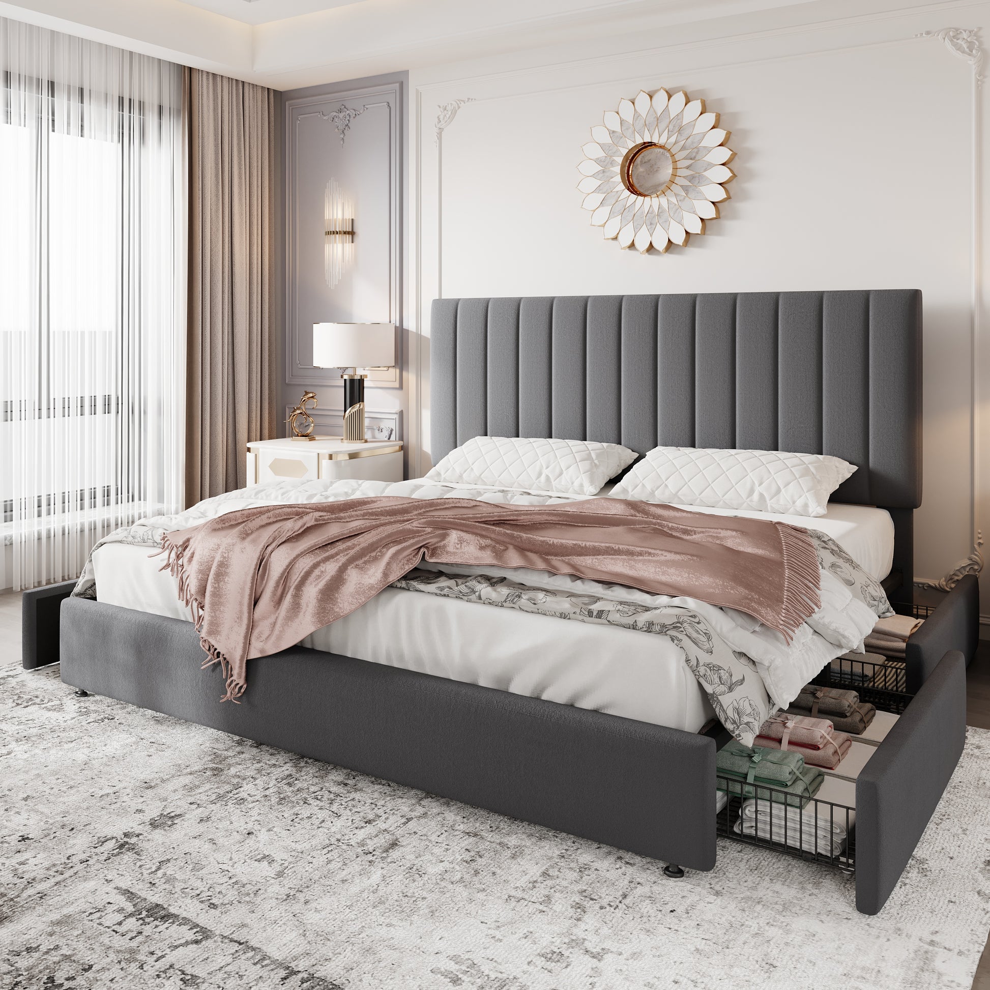 Einfach Bed Frame with Adjustable Upholstered Velvet Headboard and 4 Storage Drawers