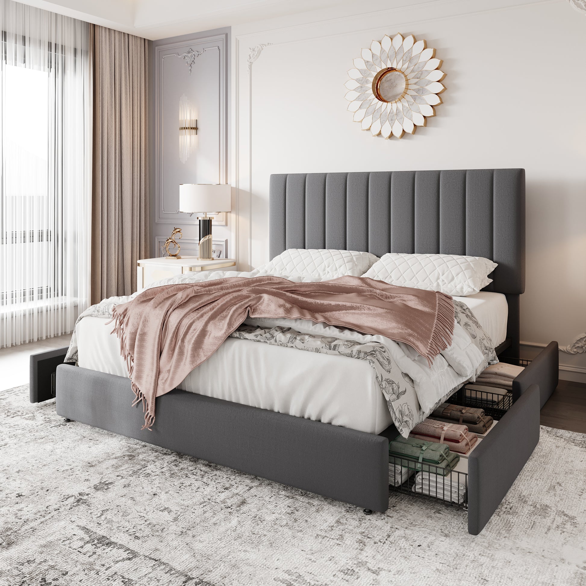 Einfach Bed Frame with Adjustable Upholstered Velvet Headboard and 4 Storage Drawers