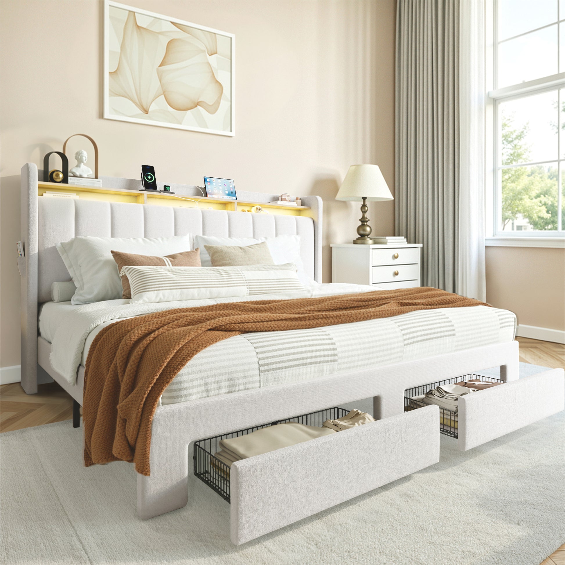 Einfach Bed Frame, Storage Bed with Built-In Charging Station, Velvet Upholstered Wingback Headboard