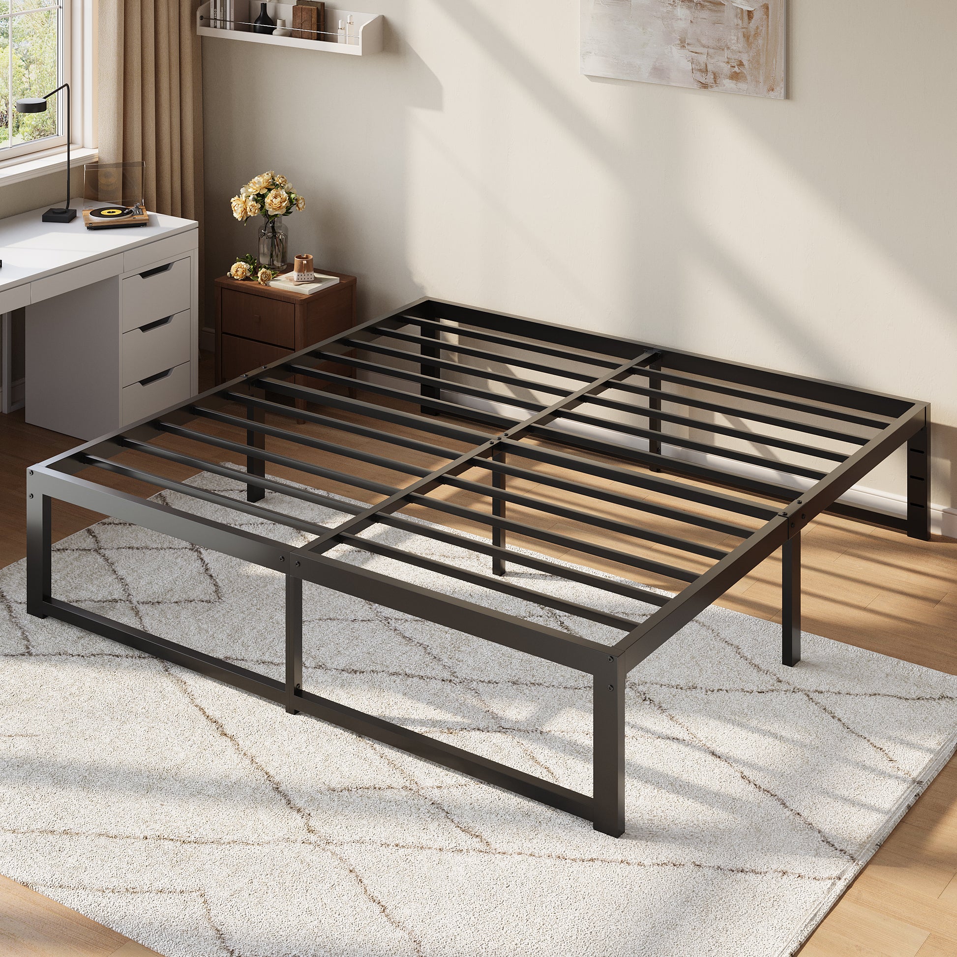 Einfach 14" Bed Frame, Heavy Duty Metal Slat Platform with Ample Underbed Storage, Noise Free