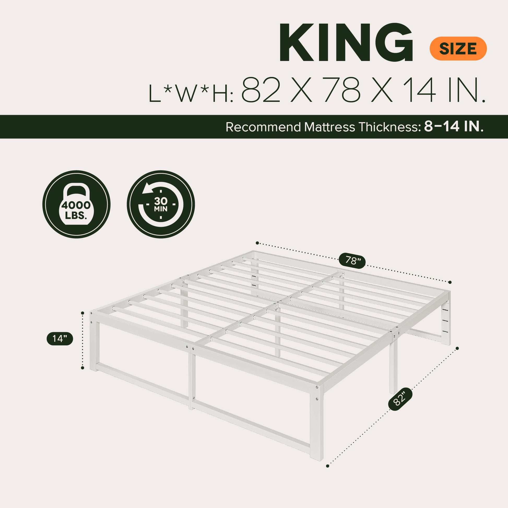 Einfach 14" Bed Frame, Heavy Duty Metal Slat Platform with Ample Underbed Storage, Noise Free