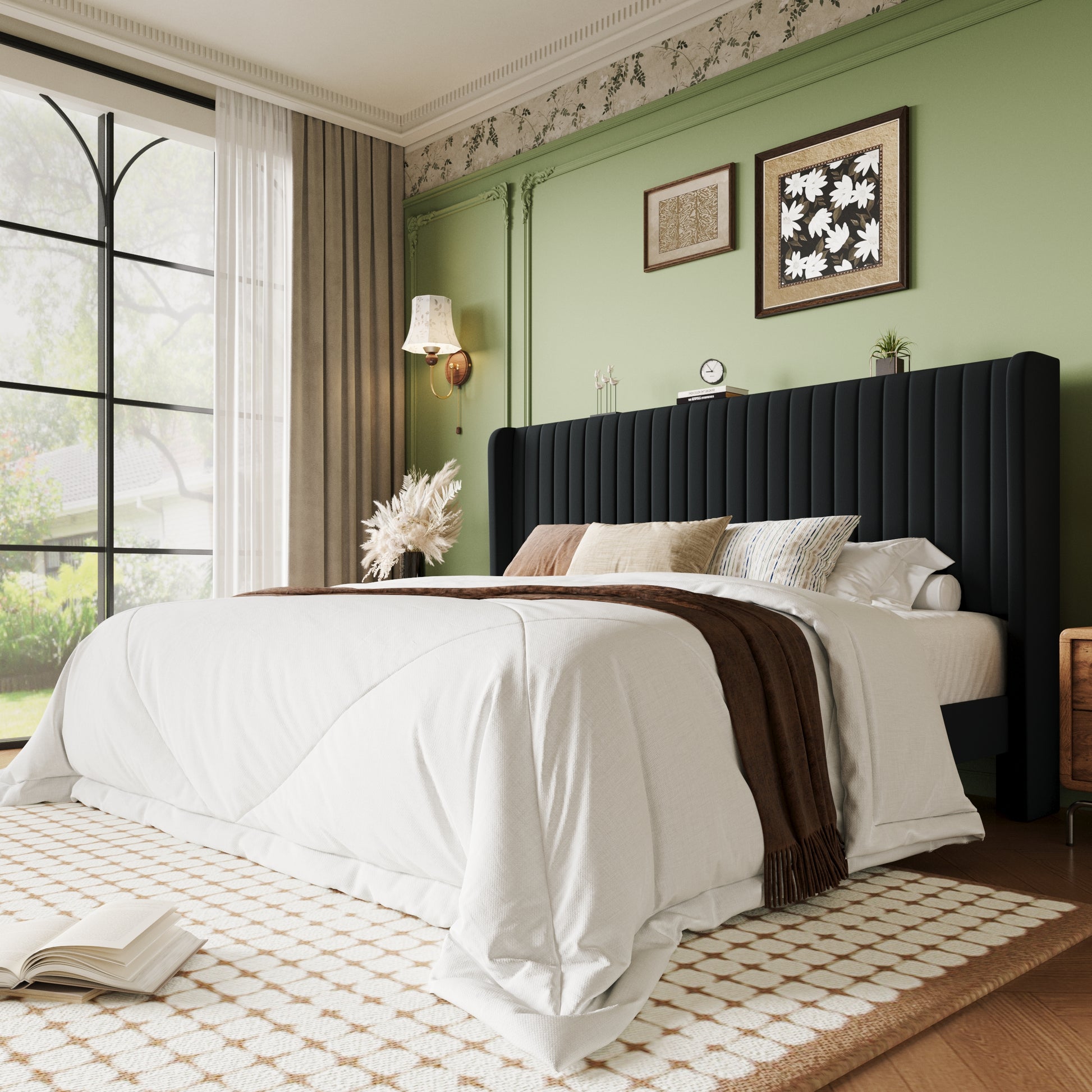 Einfach Bed Frame, Upholstered Platform Bed with Wingback Headboard, No Box Spring Required
