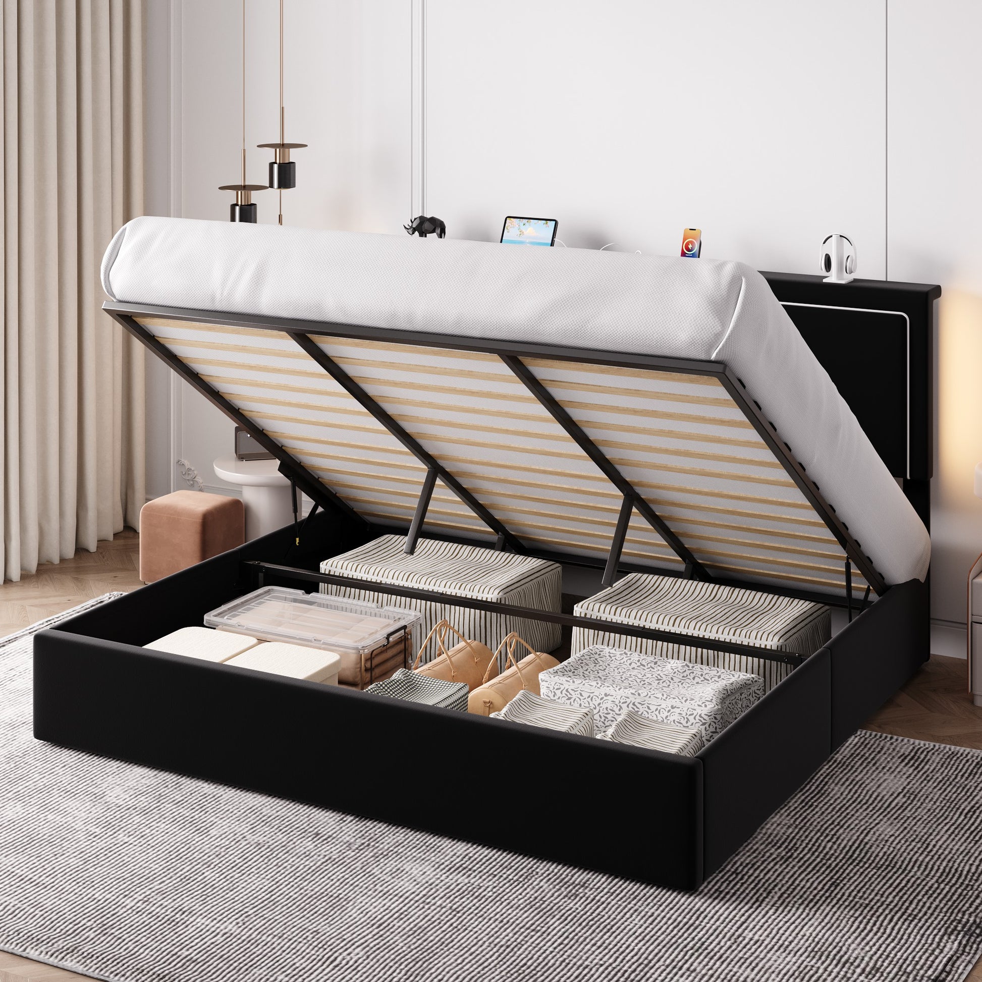Einfach Lift Up Hydraulic Bed Frame, Upholstered Velvet Storage Headboard Platform Bed with LED Light and Built-in Charging Station