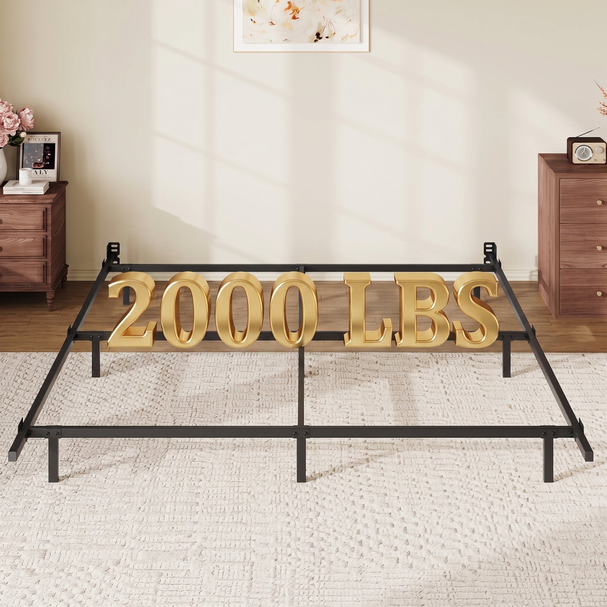 Einfach Queen Bed Frame with Pre-Drilled Headboard Holes and Reinforced Side Rails, Heavy Duty, 2000 LBS Capacity, Black