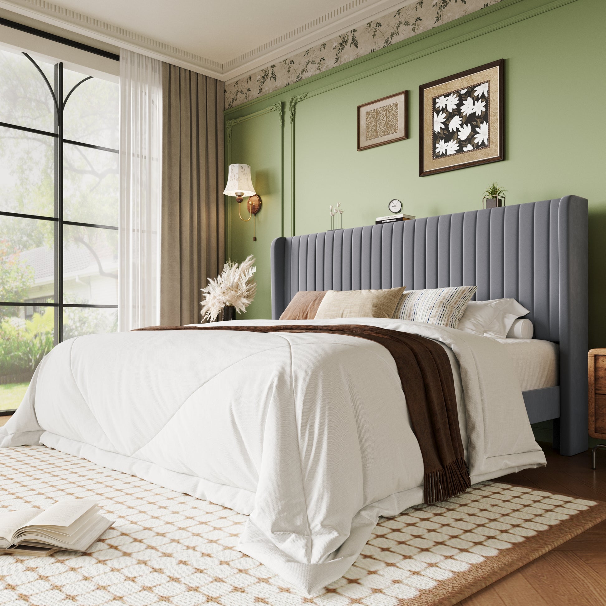 Einfach Bed Frame, Upholstered Platform Bed with Wingback Headboard, No Box Spring Required