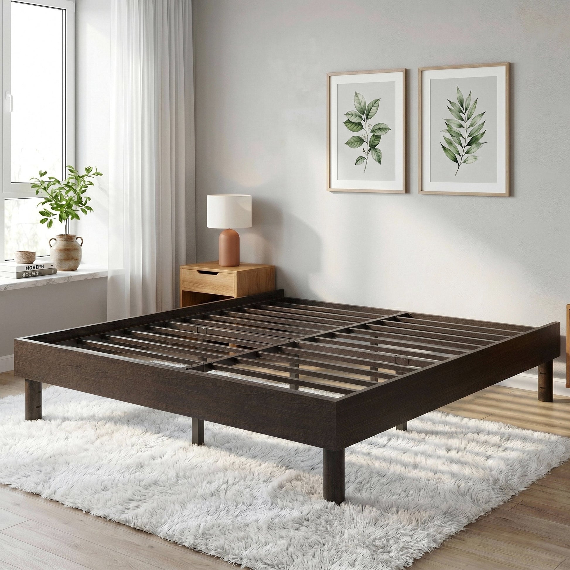 Einfach Bed Frame, 13.8" Wooden Platform Bed with Recessed Design and Upgraded Structure, No Box Spring Needed