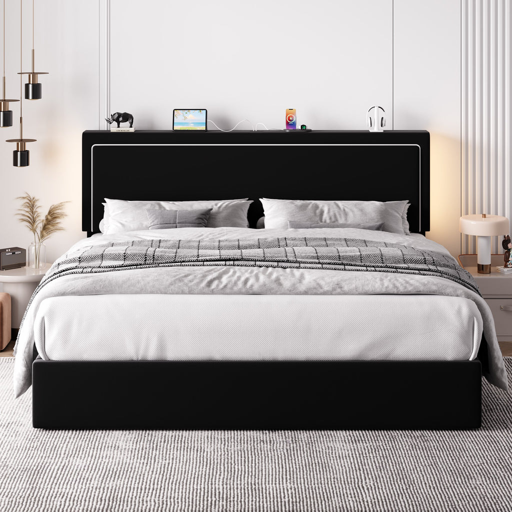 Einfach Lift Up Hydraulic Bed Frame, Upholstered Velvet Storage Headboard Platform Bed with LED Light and Built-in Charging Station