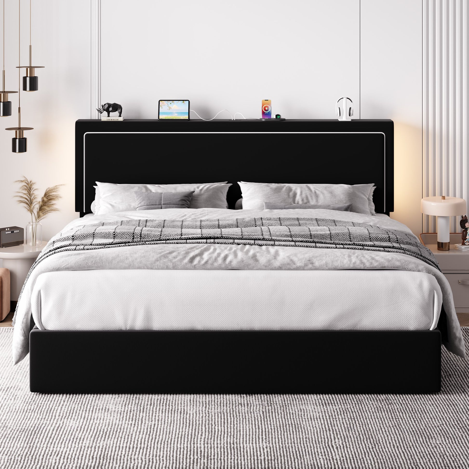 Einfach Lift Up Hydraulic Bed Frame, Upholstered Velvet Storage Headboard Platform Bed with LED Light and Built-in Charging Station