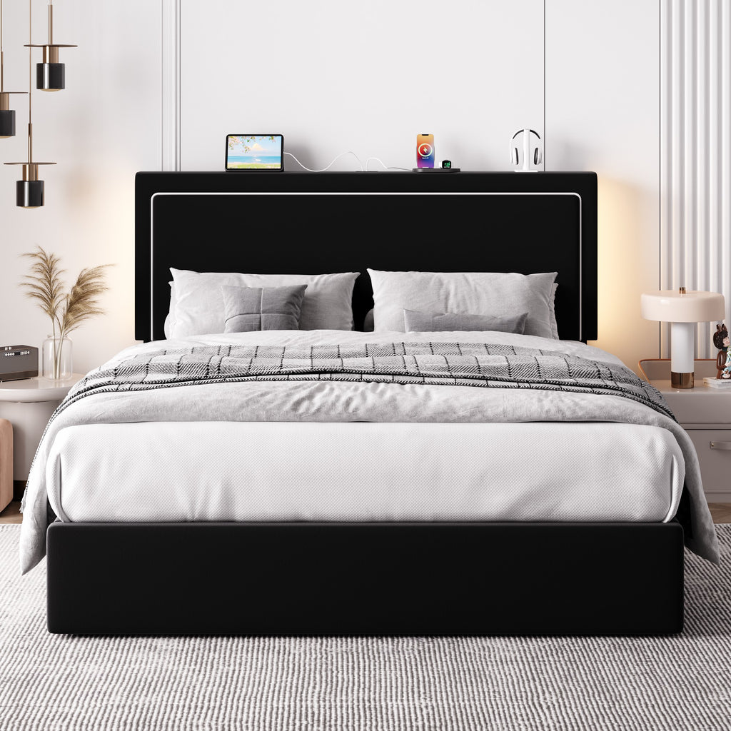 Einfach Lift Up Hydraulic Bed Frame, Upholstered Velvet Storage Headboard Platform Bed with LED Light and Built-in Charging Station